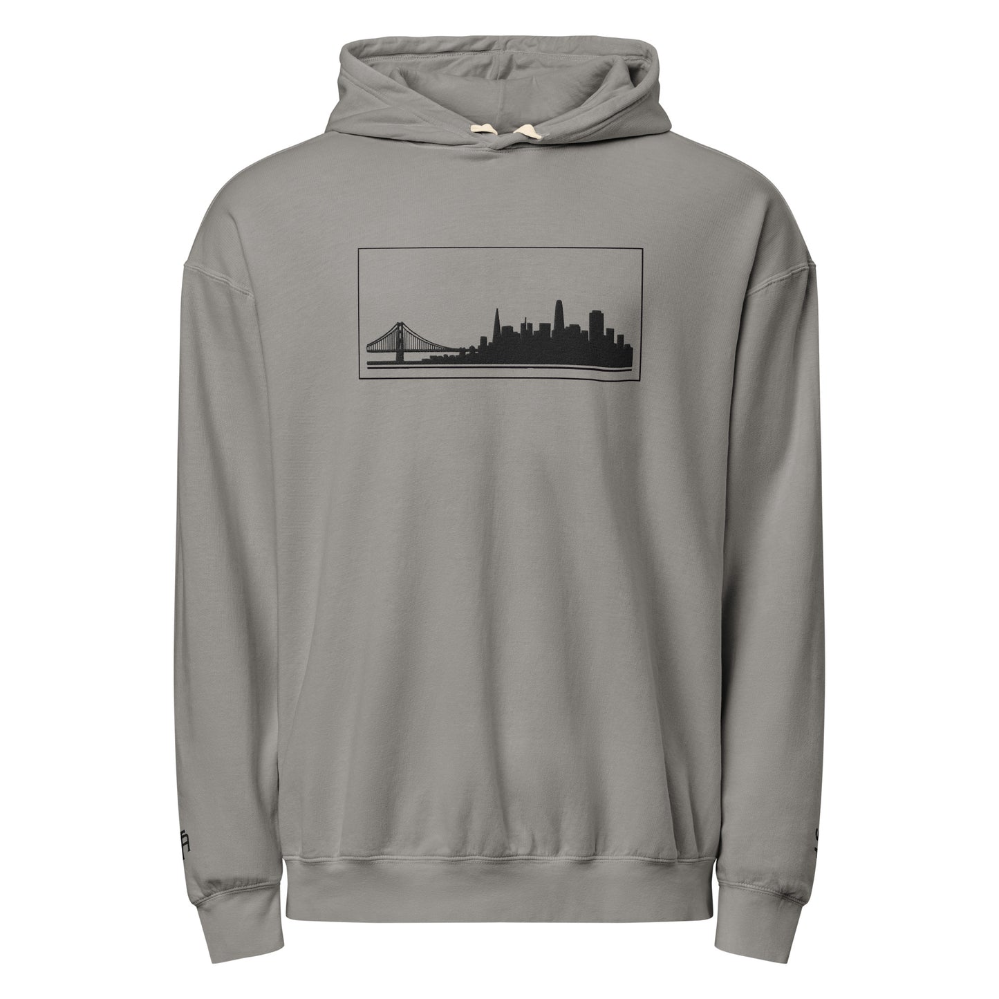 Gray color San Francisco Edition garment-dyed lightweight hoodie with SF skyline, Golden Gate Bridge, and SF wrist detail | Our City | An Athlete Trains