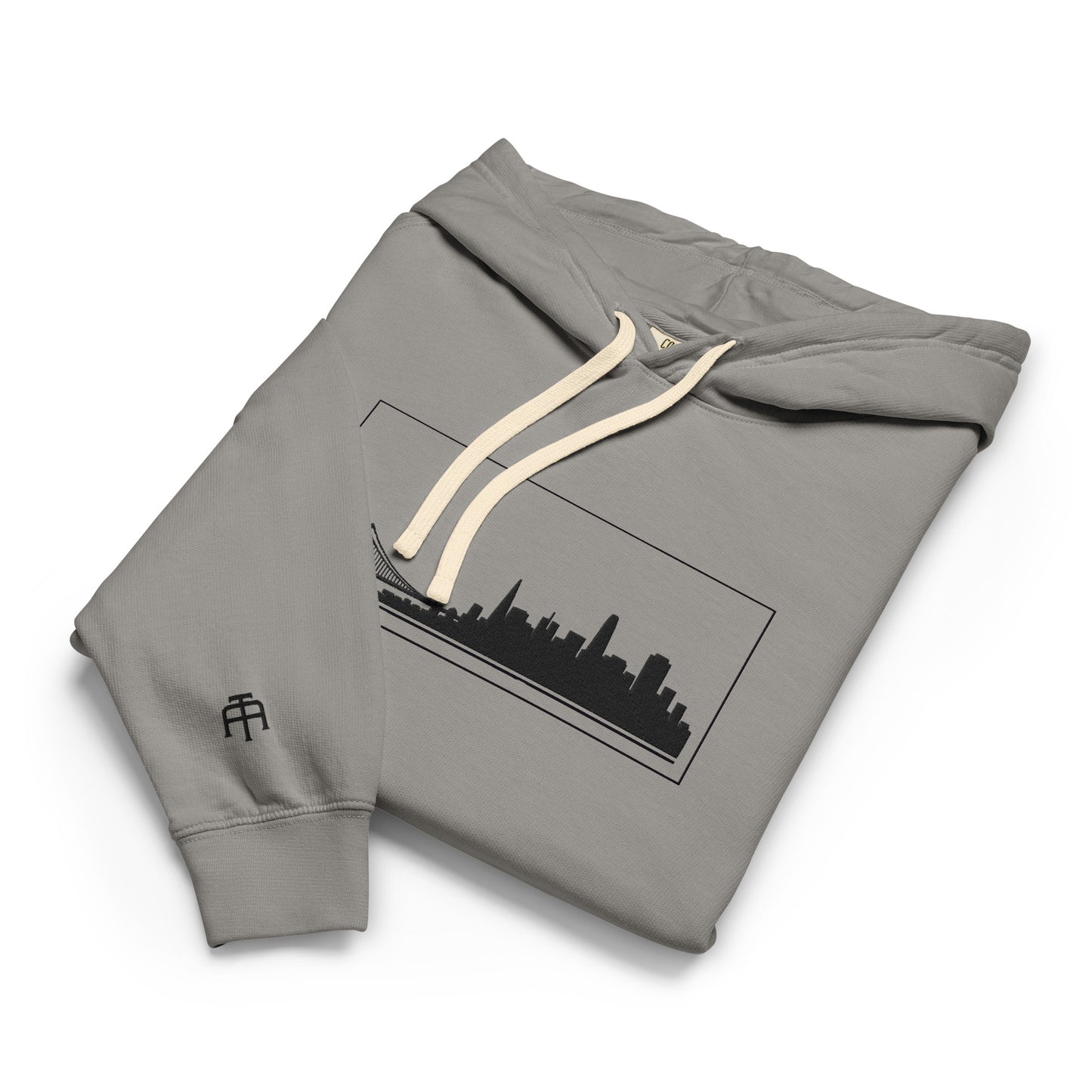 Gray color San Francisco Edition garment-dyed lightweight hoodie with SF skyline, Golden Gate Bridge, and SF wrist detail | Our City | An Athlete Trains
