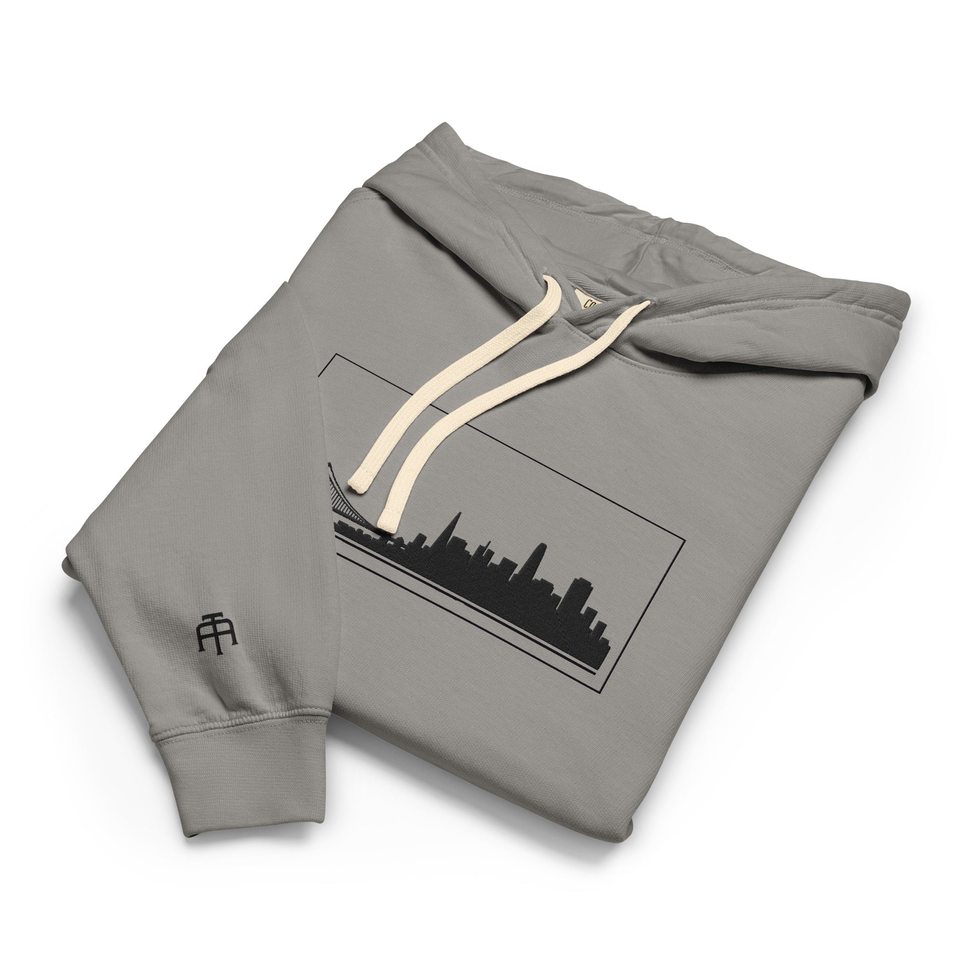 Gray color San Francisco Edition garment-dyed lightweight hoodie with SF skyline, Golden Gate Bridge, and SF wrist detail | Our City | An Athlete Trains