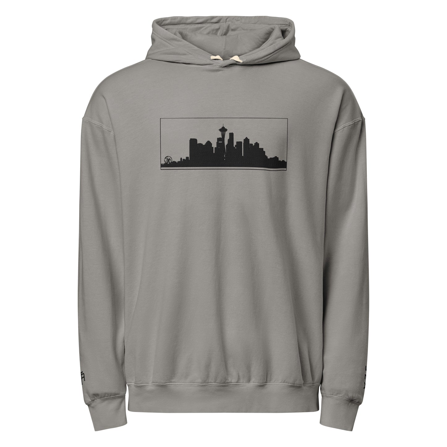 Gray Seattle Edition lightweight garment-dyed hoodie featuring Seattle skyline, Space Needle, and SEA wrist embroidery | Our City | An Athlete Trains