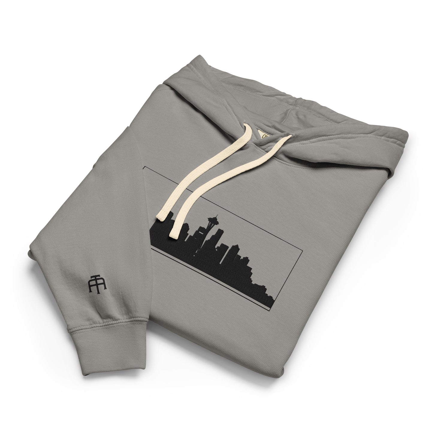 Gray Seattle Edition lightweight garment-dyed hoodie featuring Seattle skyline, Space Needle, and SEA wrist embroidery | Our City | An Athlete Trains
