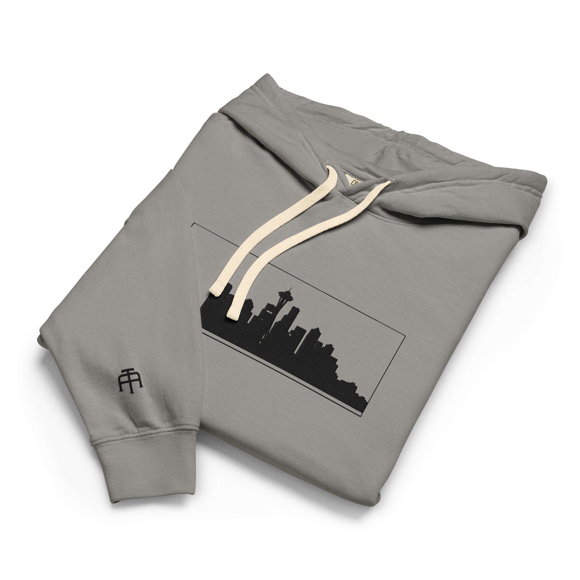 Gray Seattle Edition lightweight garment-dyed hoodie featuring Seattle skyline, Space Needle, and SEA wrist embroidery | Our City | An Athlete Trains