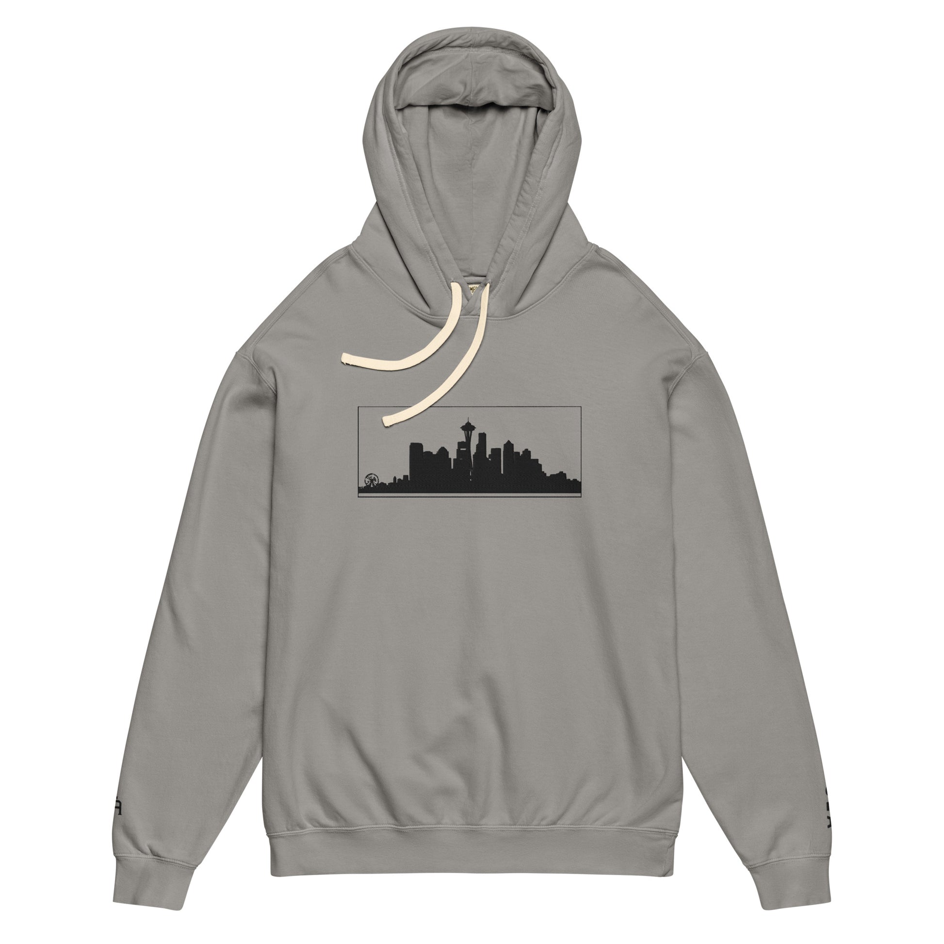 Gray Seattle Edition lightweight garment-dyed hoodie featuring Seattle skyline, Space Needle, and SEA wrist embroidery | Our City | An Athlete Trains