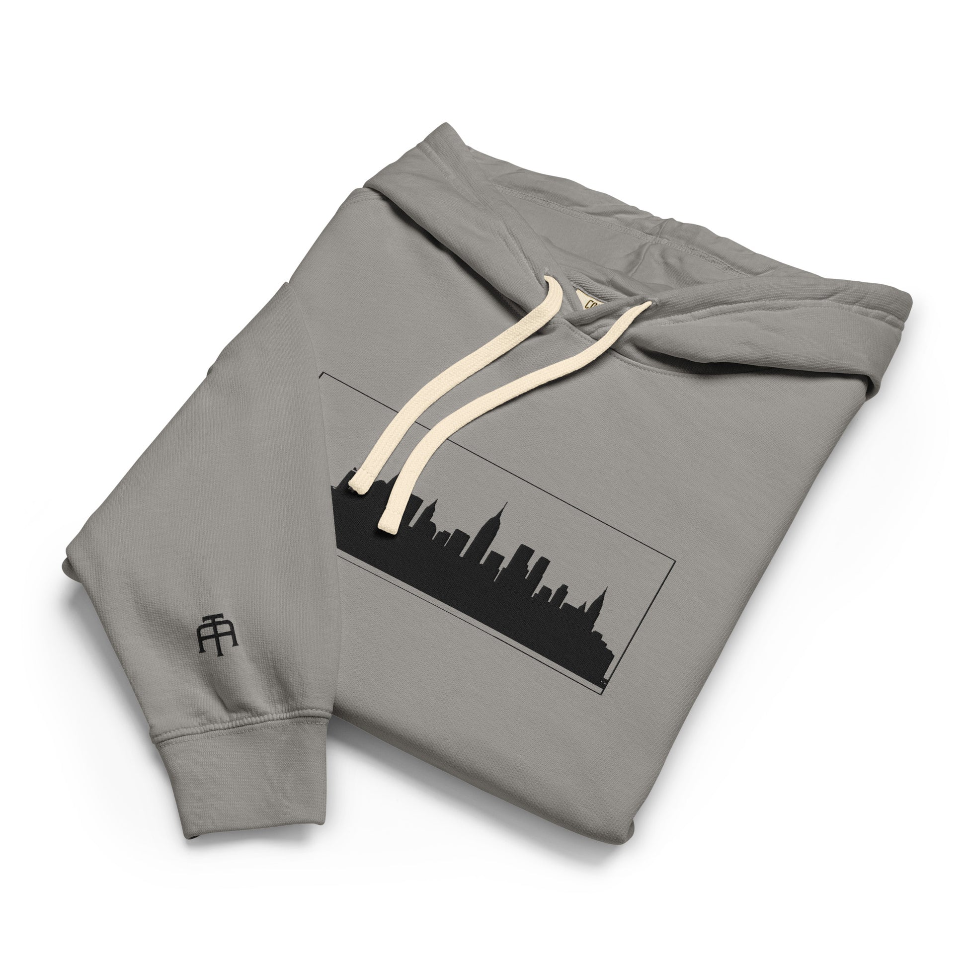 Gray color New York Edition lightweight garment-dyed hoodie with NYC skyline embroidery and custom wrist detail | Our City | An Athlete Trains