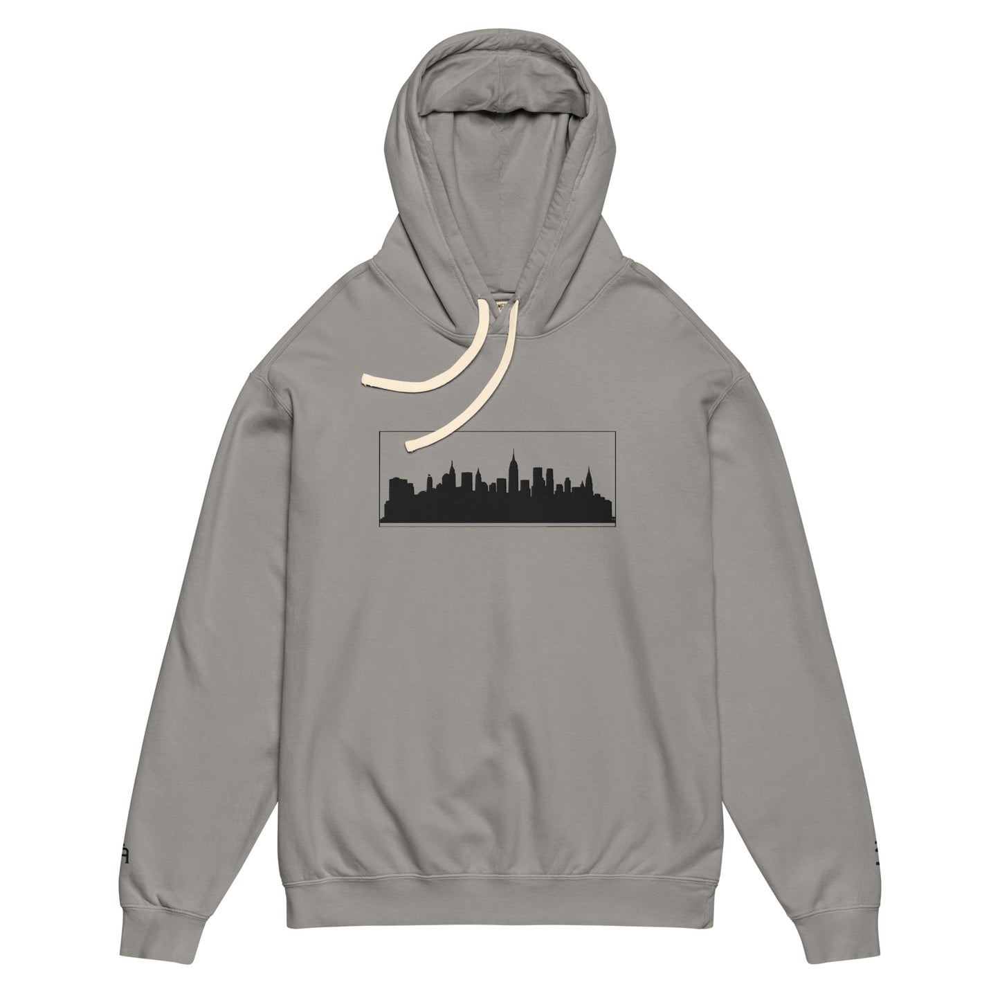 Gray color New York Edition lightweight garment-dyed hoodie with NYC skyline embroidery and custom wrist detail | Our City | An Athlete Trains