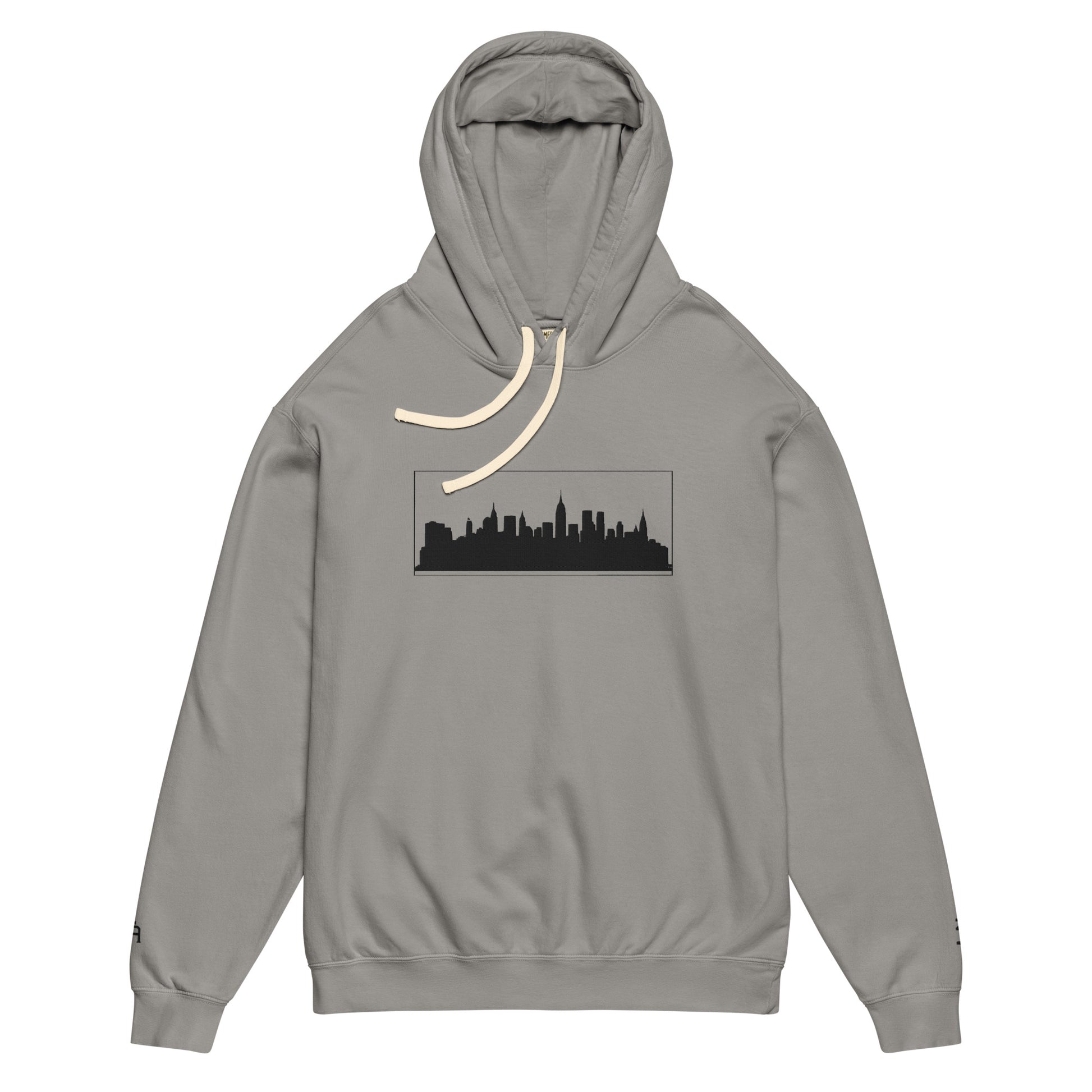 Gray color New York Edition lightweight garment-dyed hoodie with NYC skyline embroidery and custom wrist detail | Our City | An Athlete Trains