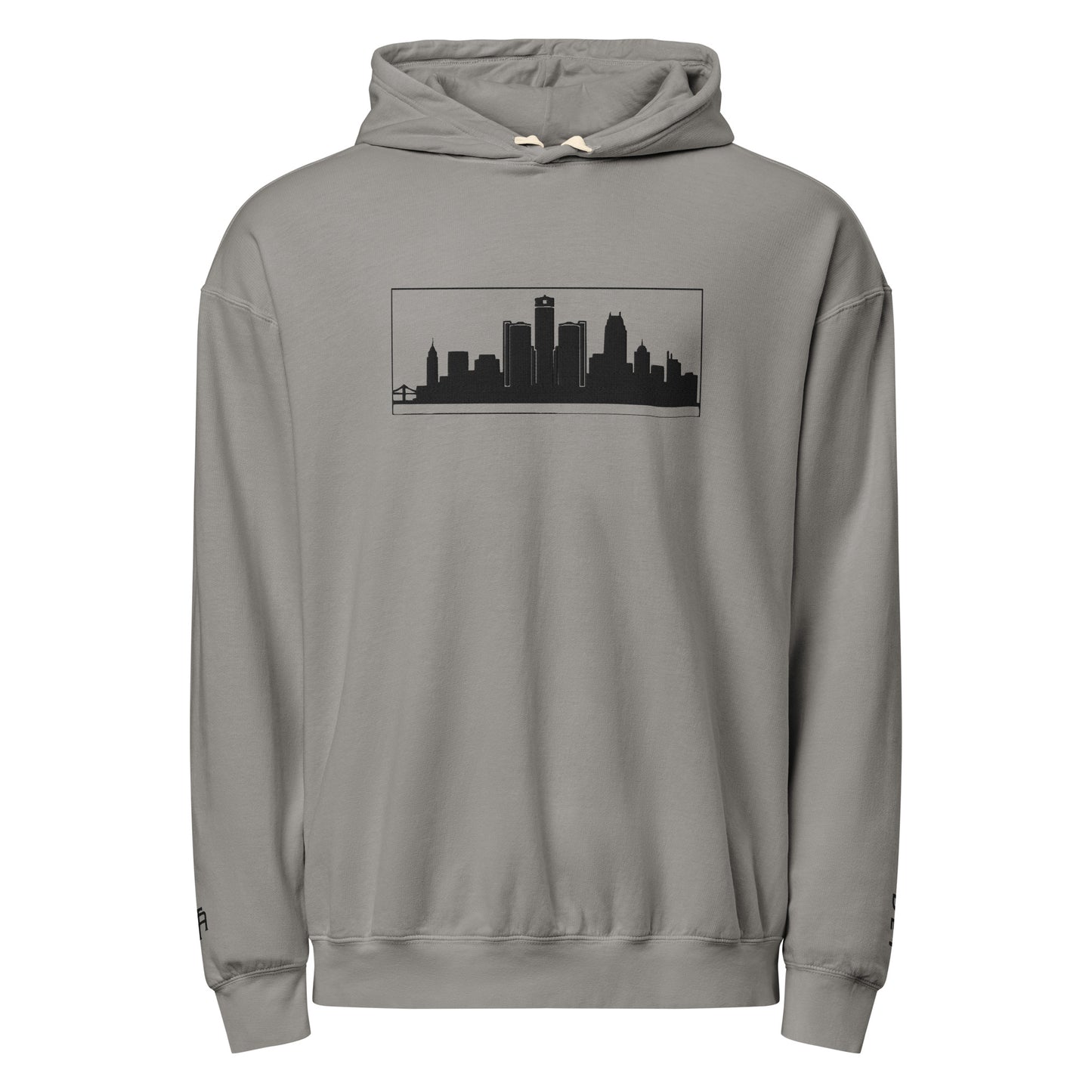 Gray Detroit Edition garment-dyed lightweight hoodie with embroidered Detroit skyline and DET wrist detail | Out City | An Athlete Trains