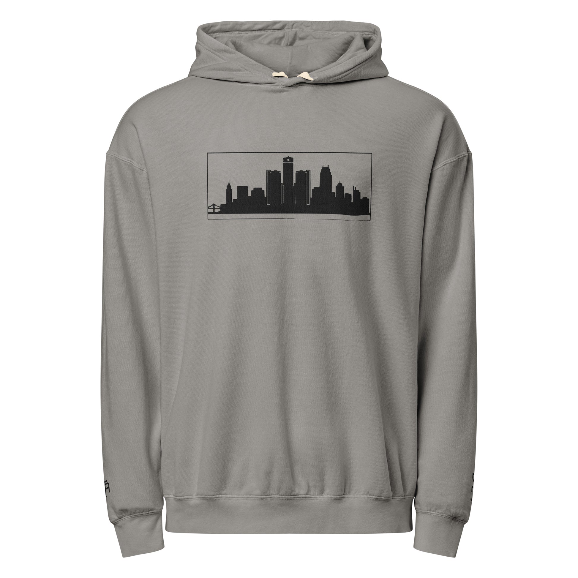 Gray Detroit Edition garment-dyed lightweight hoodie with embroidered Detroit skyline and DET wrist detail | Out City | An Athlete Trains