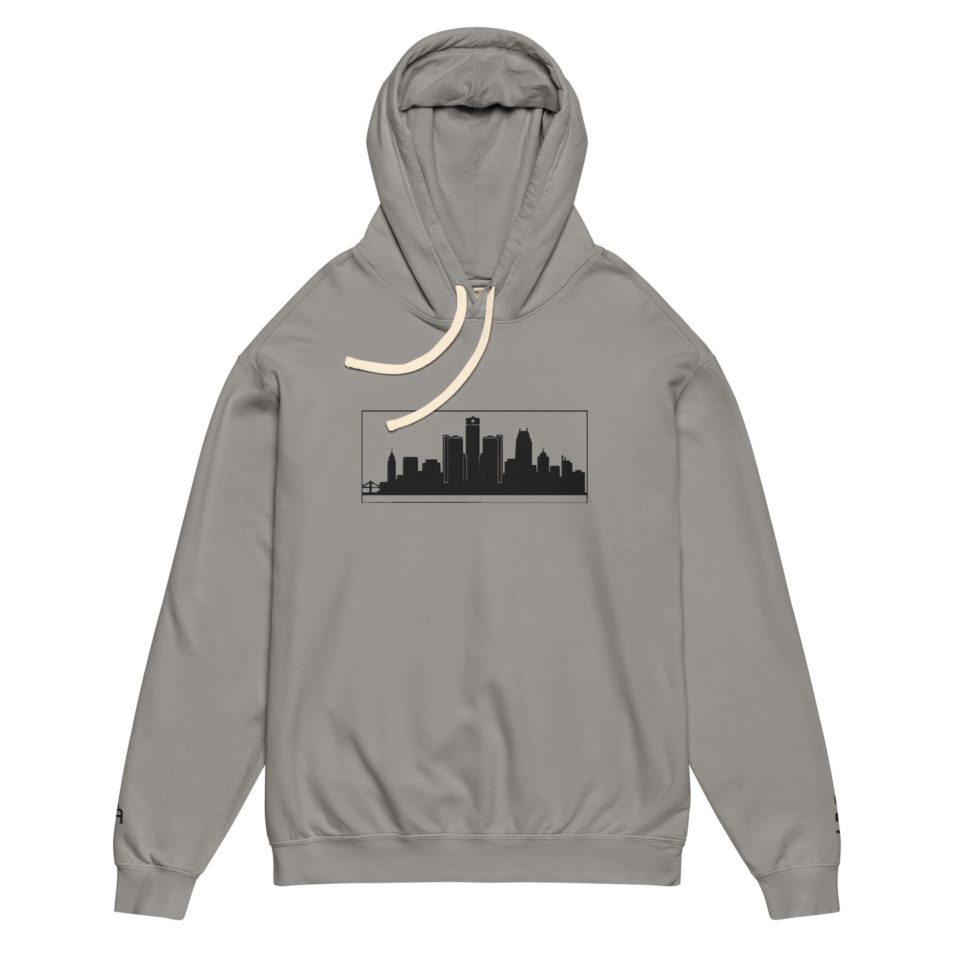 Gray Detroit Edition garment-dyed lightweight hoodie with embroidered Detroit skyline and DET wrist detail | Out City | An Athlete Trains