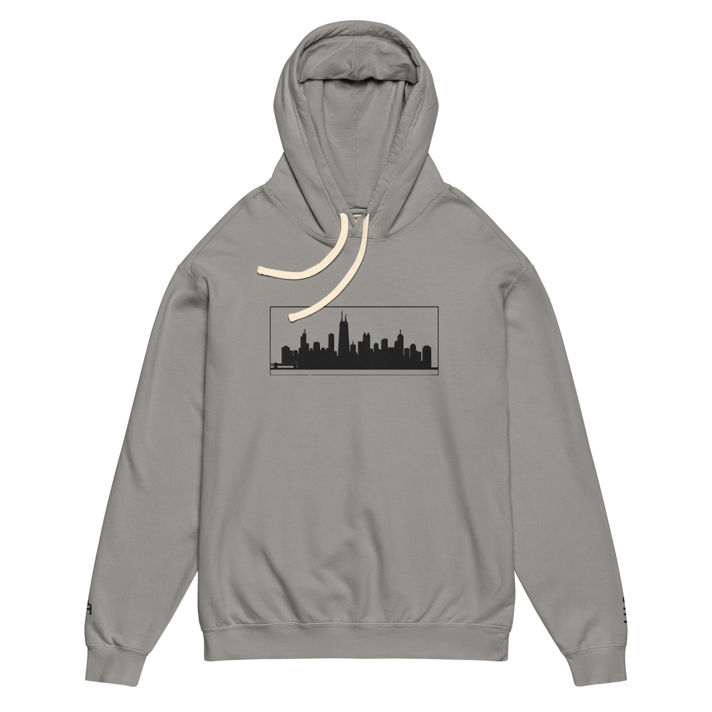 Gray Chicago Edition lightweight garment-dyed hoodie featuring embroidered Chicago skyline and CHI wrist branding | Our City | An Athlete Trains