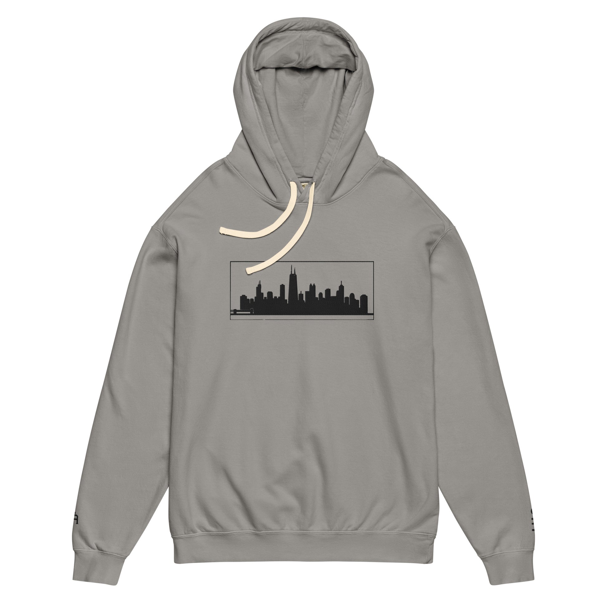 Gray Chicago Edition lightweight garment-dyed hoodie featuring embroidered Chicago skyline and CHI wrist branding | Our City | An Athlete Trains