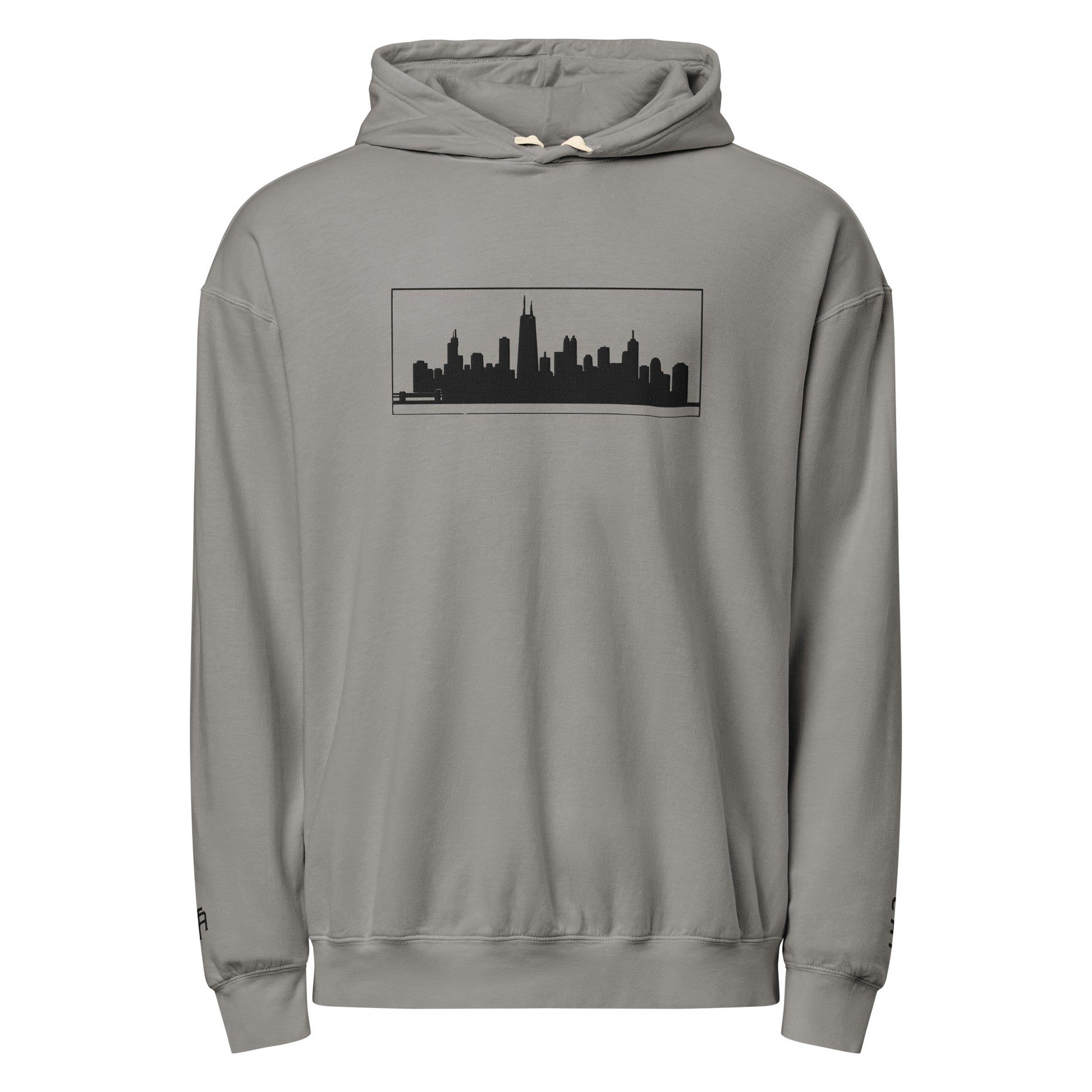 Gray Chicago Edition lightweight garment-dyed hoodie featuring embroidered Chicago skyline and CHI wrist branding | Our City | An Athlete Trains
