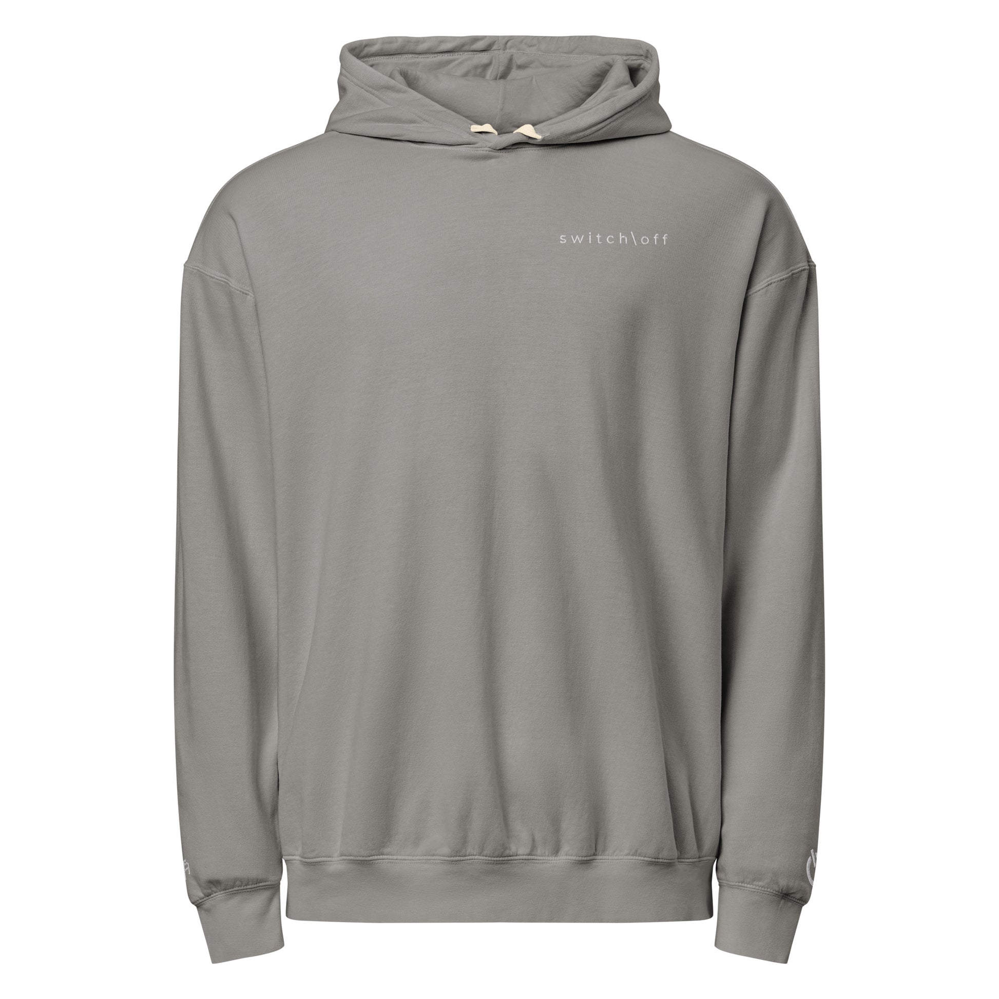 Vintage-style lightweight fleece hoodie in gray with white switch\off embroidery - An Athlete Trains. Flat drawstrings. Front view