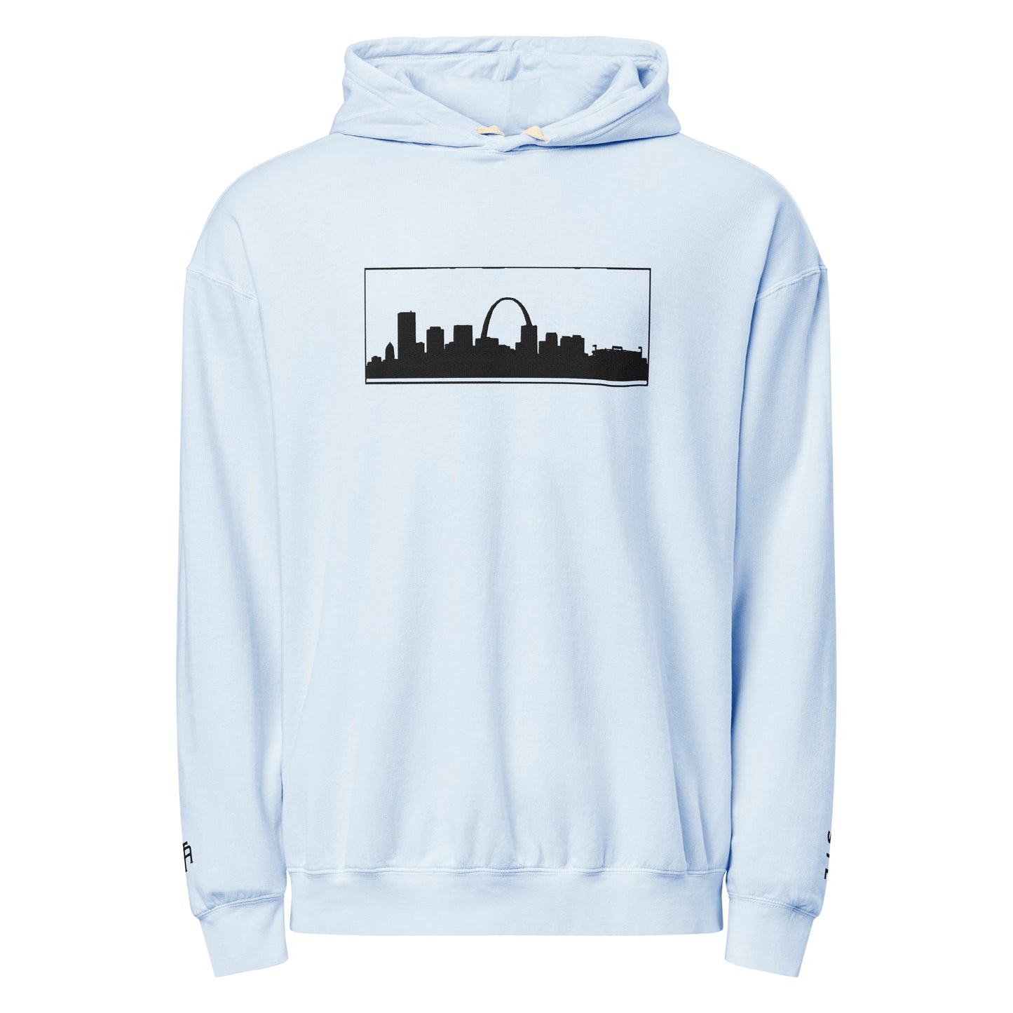 Hydrangea color St. Louis Edition lightweight garment-dyed hoodie featuring St. Louis skyline, Gateway Arch, and STL wrist branding | Our City | An Athlete Trains