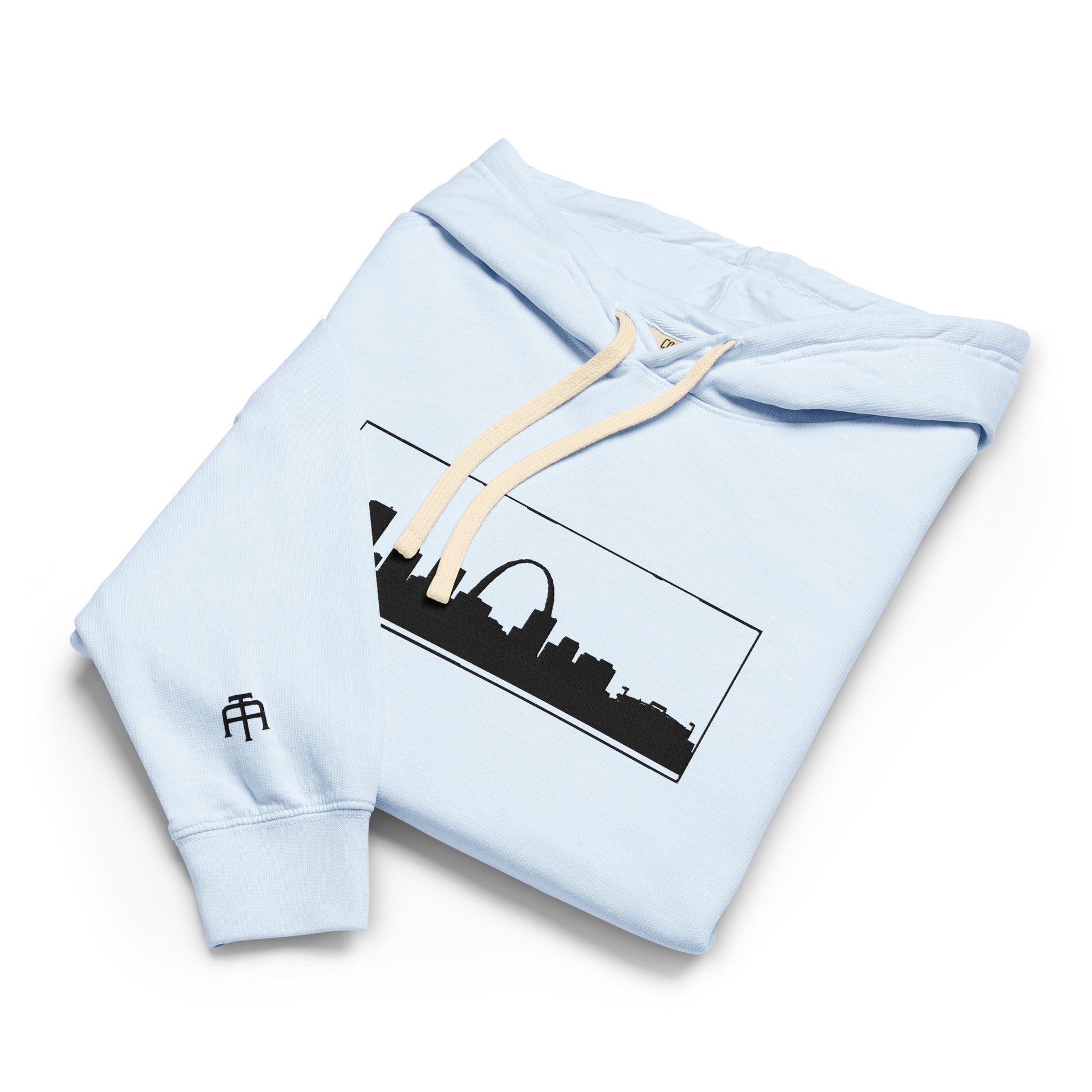 Hydrangea color St. Louis Edition lightweight garment-dyed hoodie featuring St. Louis skyline, Gateway Arch, and STL wrist branding | Our City | An Athlete Trains