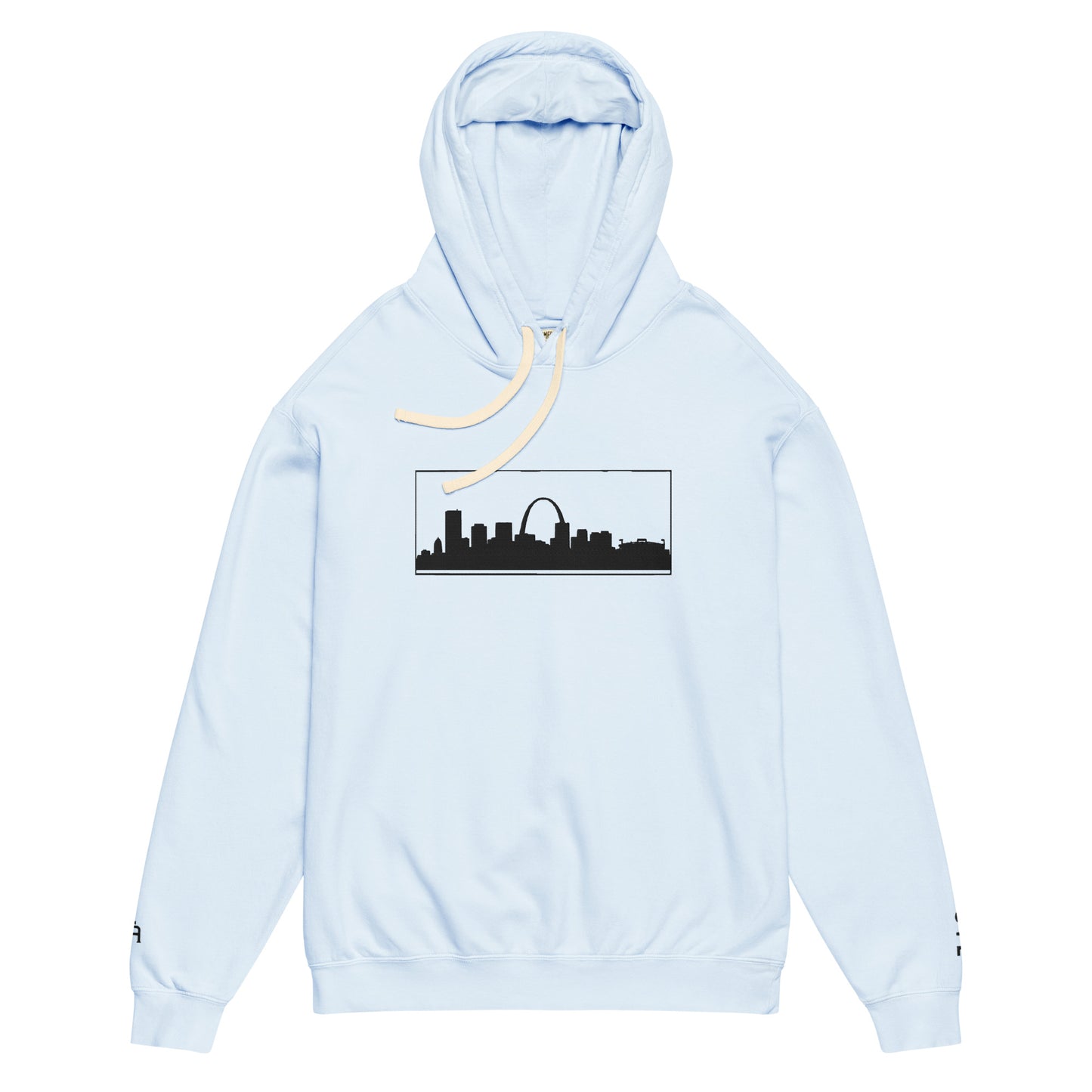 Hydrangea color St. Louis Edition lightweight garment-dyed hoodie featuring St. Louis skyline, Gateway Arch, and STL wrist branding | Our City | An Athlete Trains