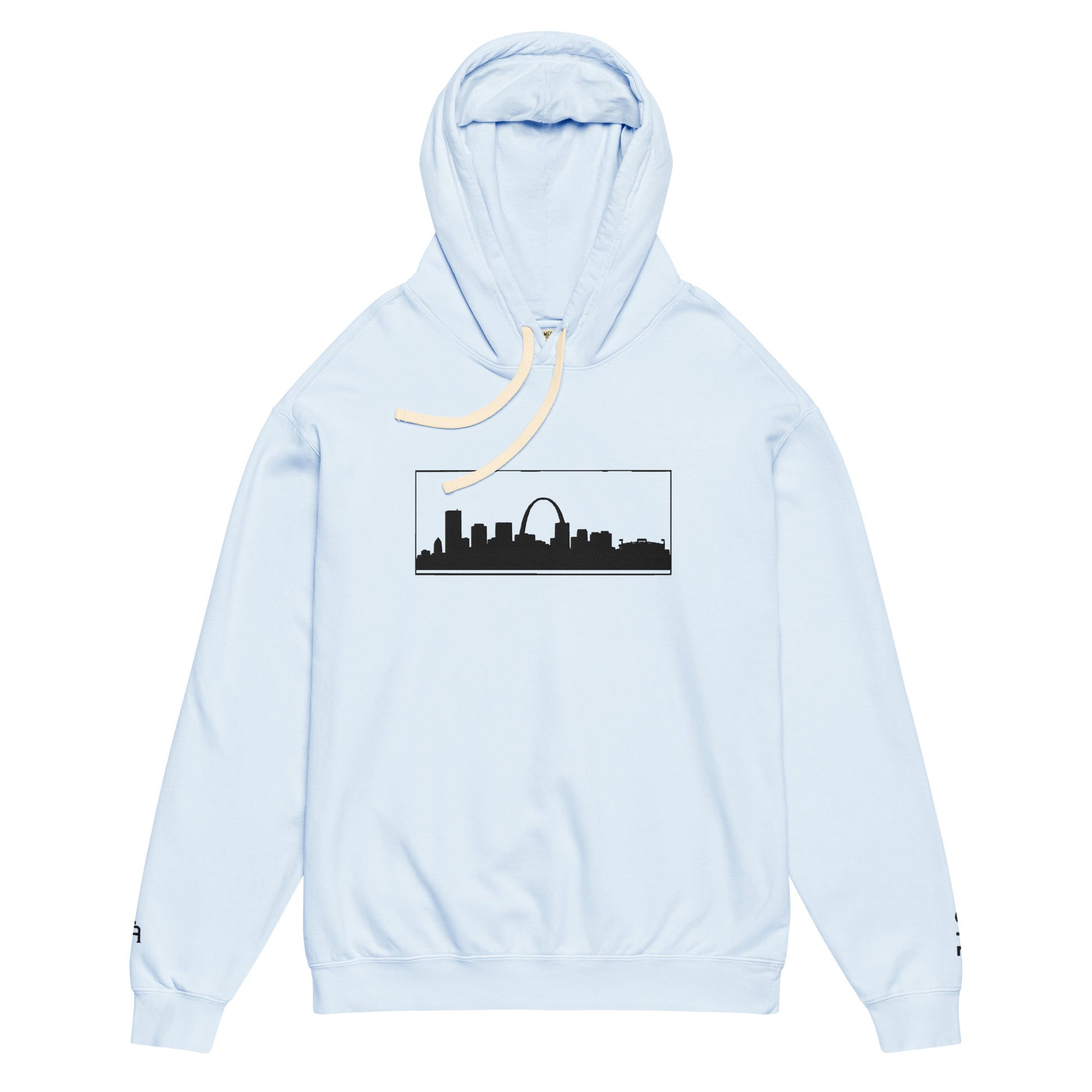 Hydrangea color St. Louis Edition lightweight garment-dyed hoodie featuring St. Louis skyline, Gateway Arch, and STL wrist branding | Our City | An Athlete Trains