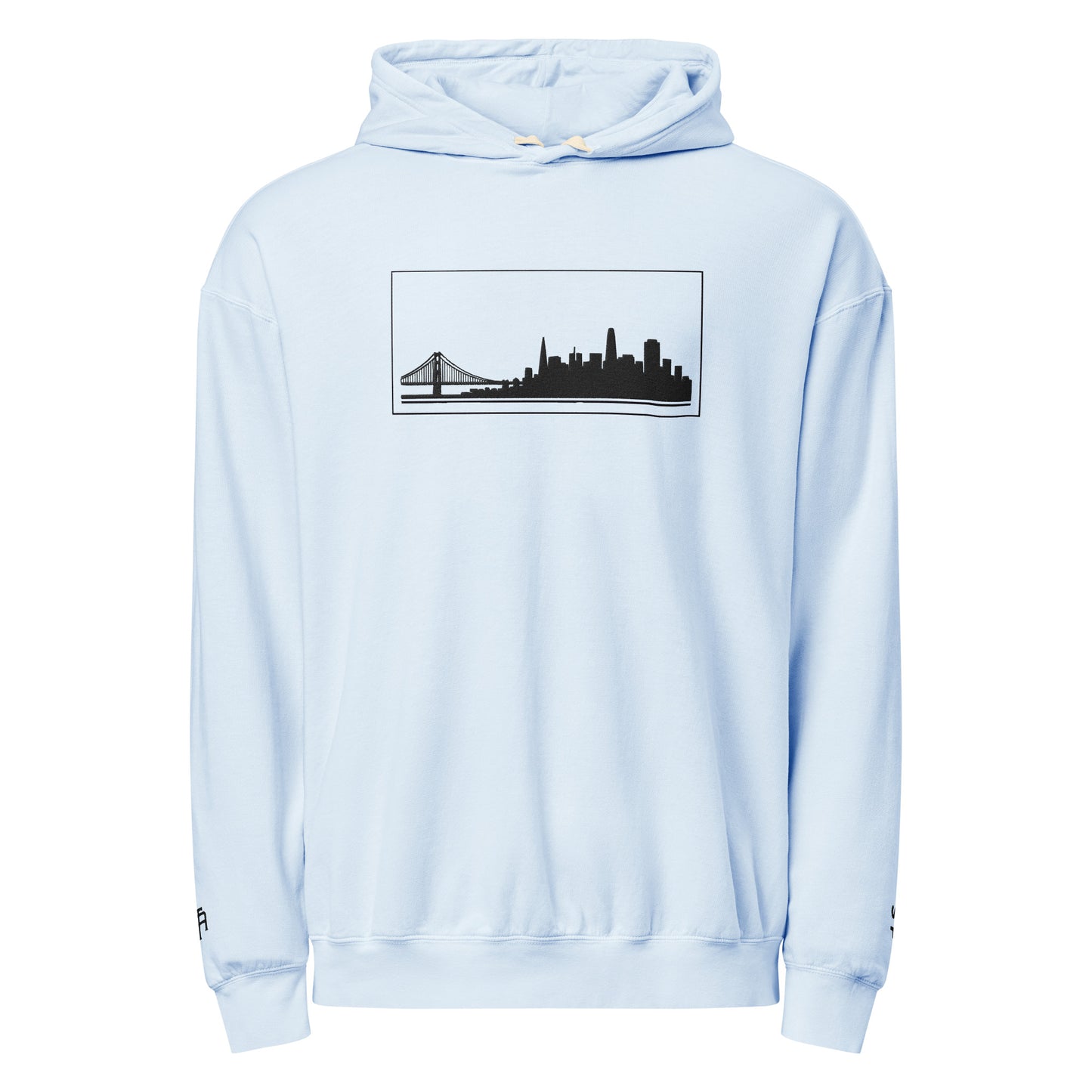Hydrangea color San Francisco Edition garment-dyed lightweight hoodie with SF skyline, Golden Gate Bridge, and SF wrist detail | Our City | An Athlete Trains