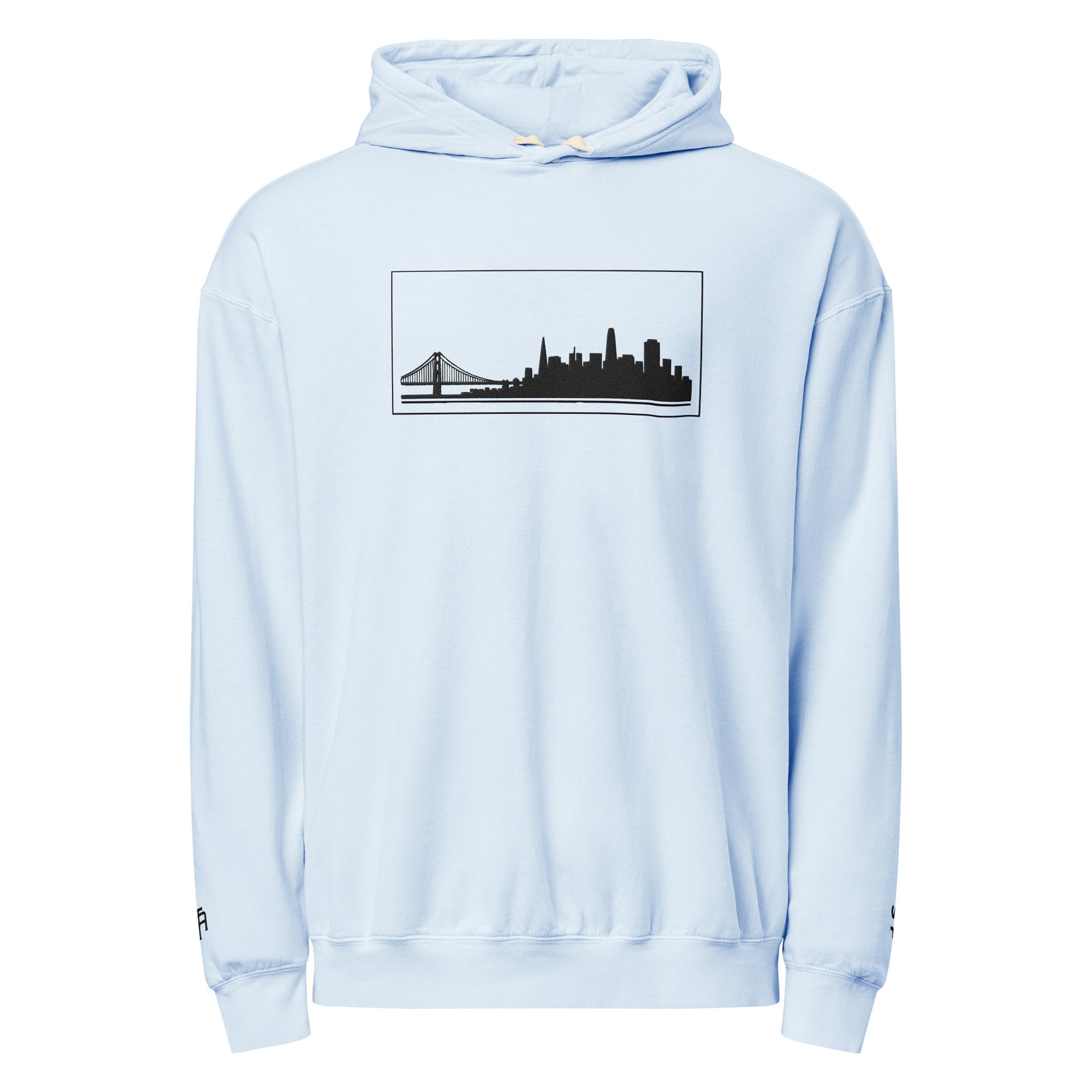 Hydrangea color San Francisco Edition garment-dyed lightweight hoodie with SF skyline, Golden Gate Bridge, and SF wrist detail | Our City | An Athlete Trains