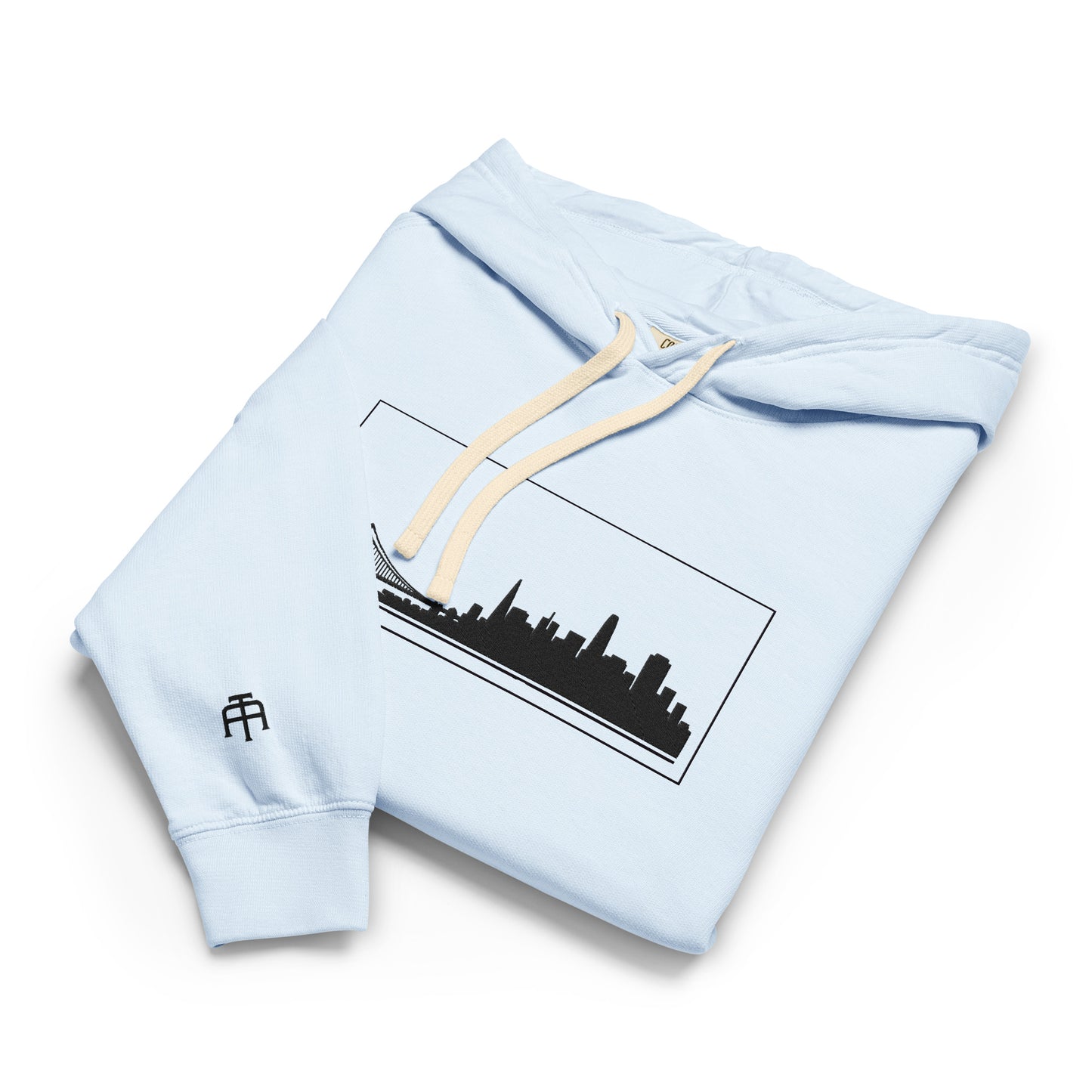 Hydrangea color San Francisco Edition garment-dyed lightweight hoodie with SF skyline, Golden Gate Bridge, and SF wrist detail | Our City | An Athlete Trains