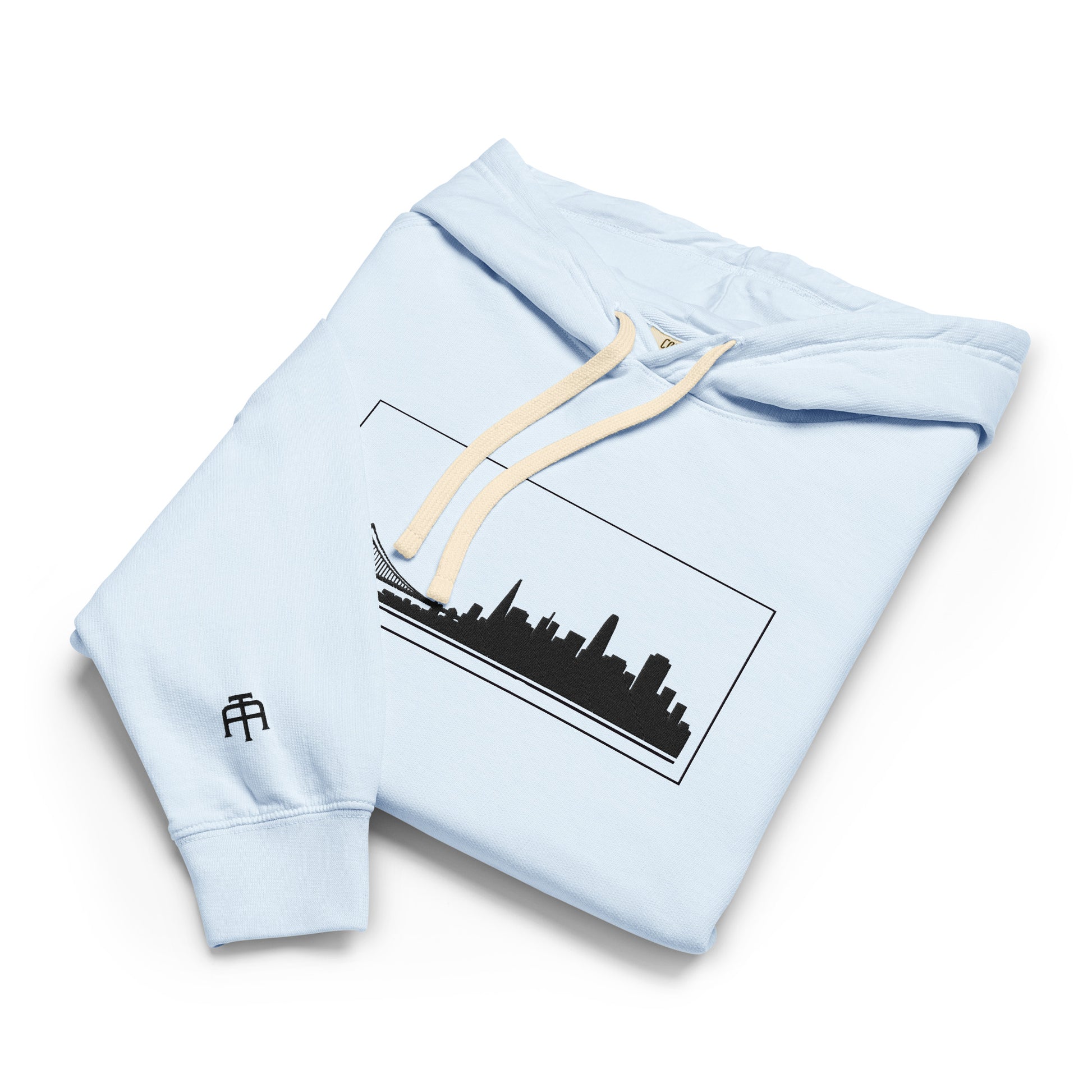 Hydrangea color San Francisco Edition garment-dyed lightweight hoodie with SF skyline, Golden Gate Bridge, and SF wrist detail | Our City | An Athlete Trains