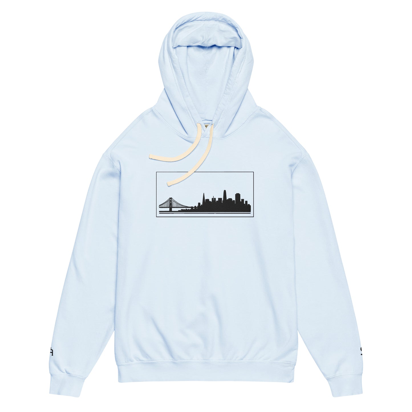 Hydrangea color San Francisco Edition garment-dyed lightweight hoodie with SF skyline, Golden Gate Bridge, and SF wrist detail | Our City | An Athlete Trains