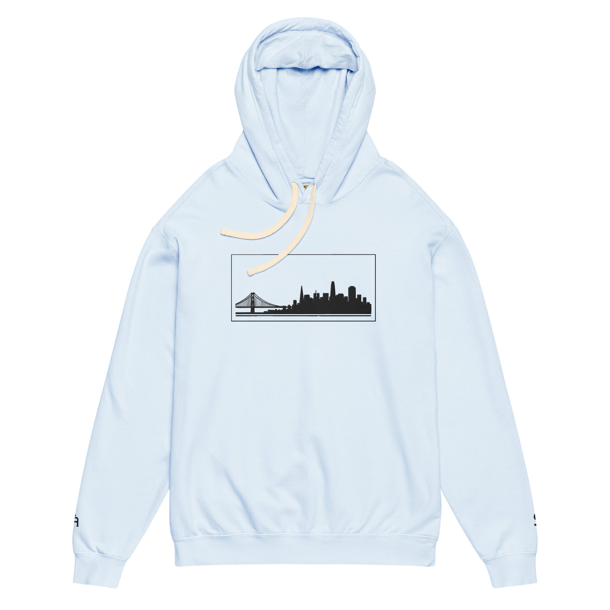 Hydrangea color San Francisco Edition garment-dyed lightweight hoodie with SF skyline, Golden Gate Bridge, and SF wrist detail | Our City | An Athlete Trains