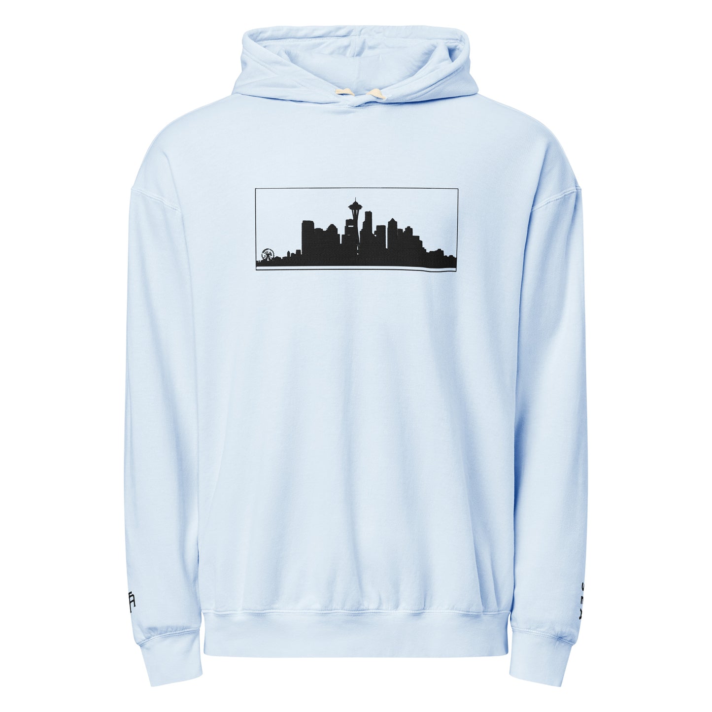 Hydrangea color Seattle Edition lightweight garment-dyed hoodie featuring Seattle skyline, Space Needle, and SEA wrist embroidery | Our City | An Athlete Trains
