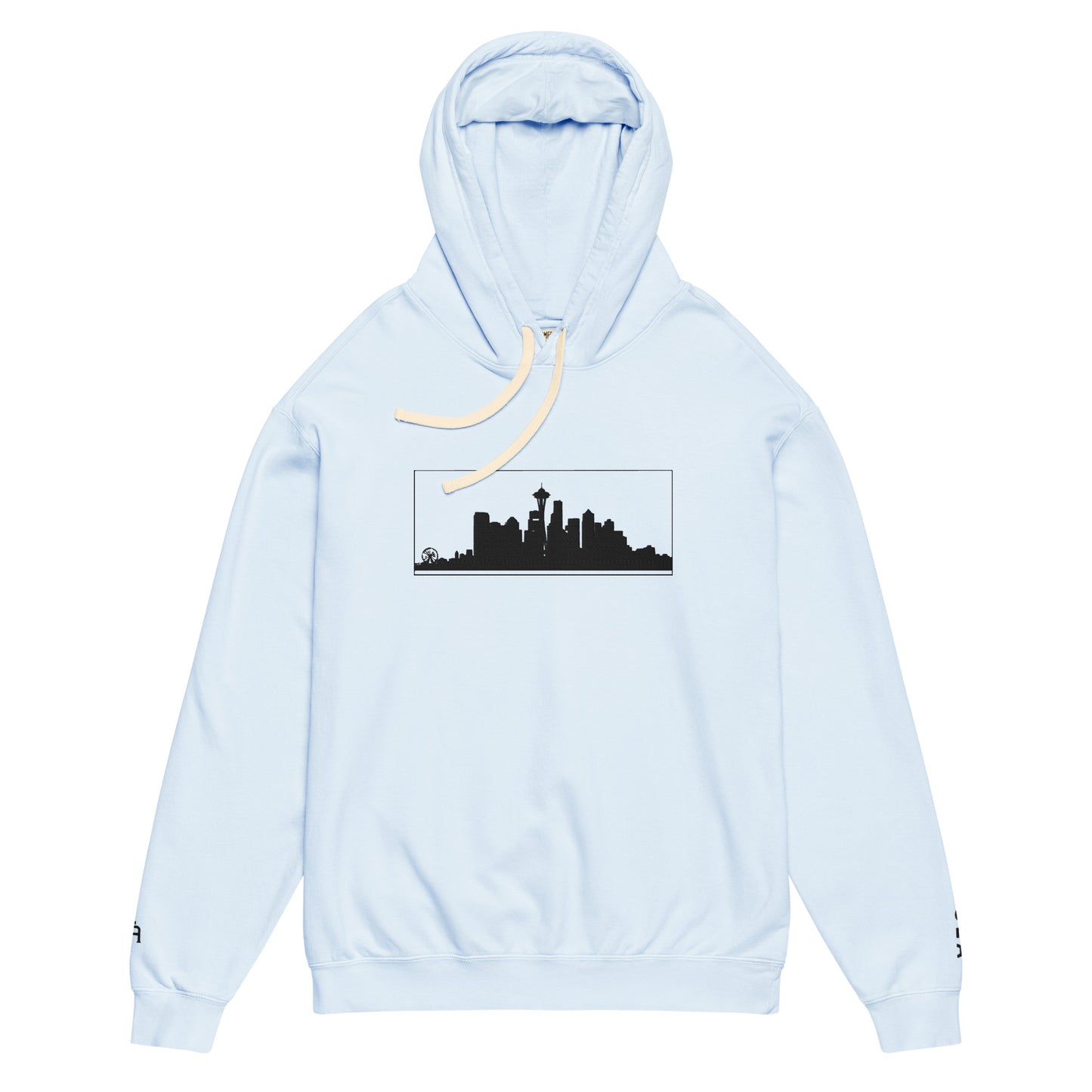 Hydrangea color Seattle Edition lightweight garment-dyed hoodie featuring Seattle skyline, Space Needle, and SEA wrist embroidery | Our City | An Athlete Trains