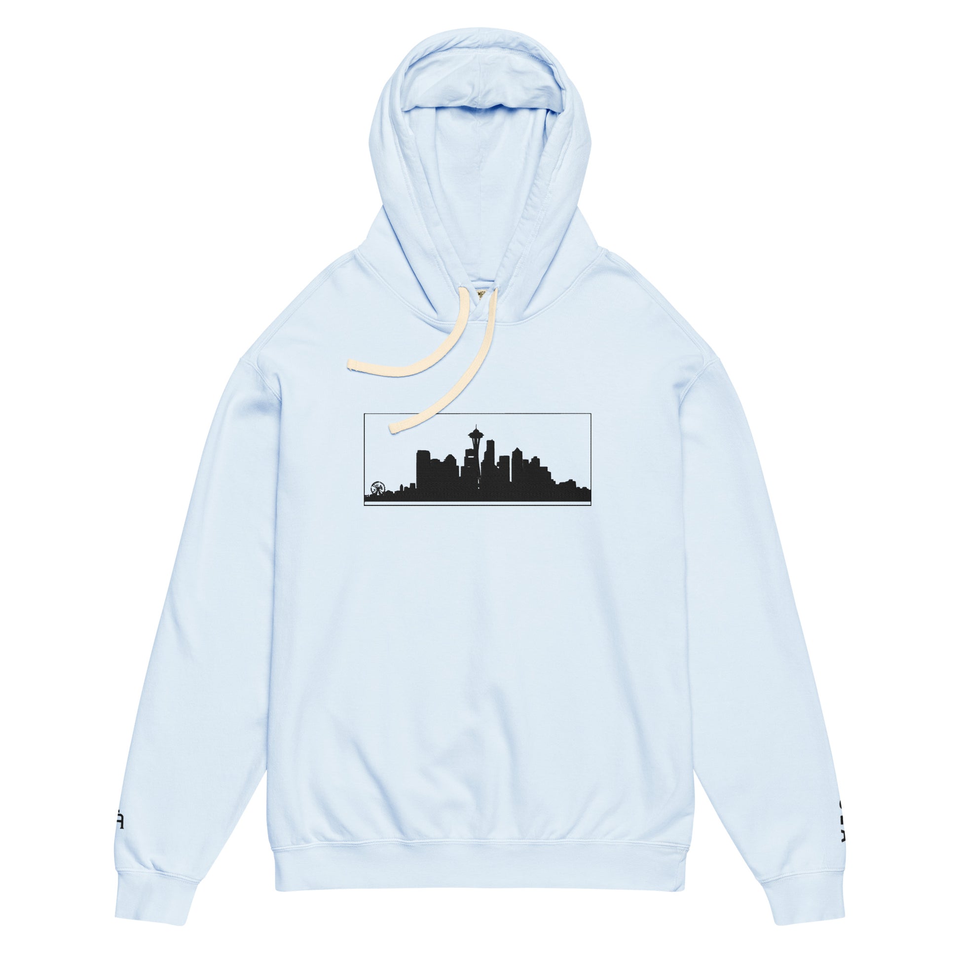 Hydrangea color Seattle Edition lightweight garment-dyed hoodie featuring Seattle skyline, Space Needle, and SEA wrist embroidery | Our City | An Athlete Trains