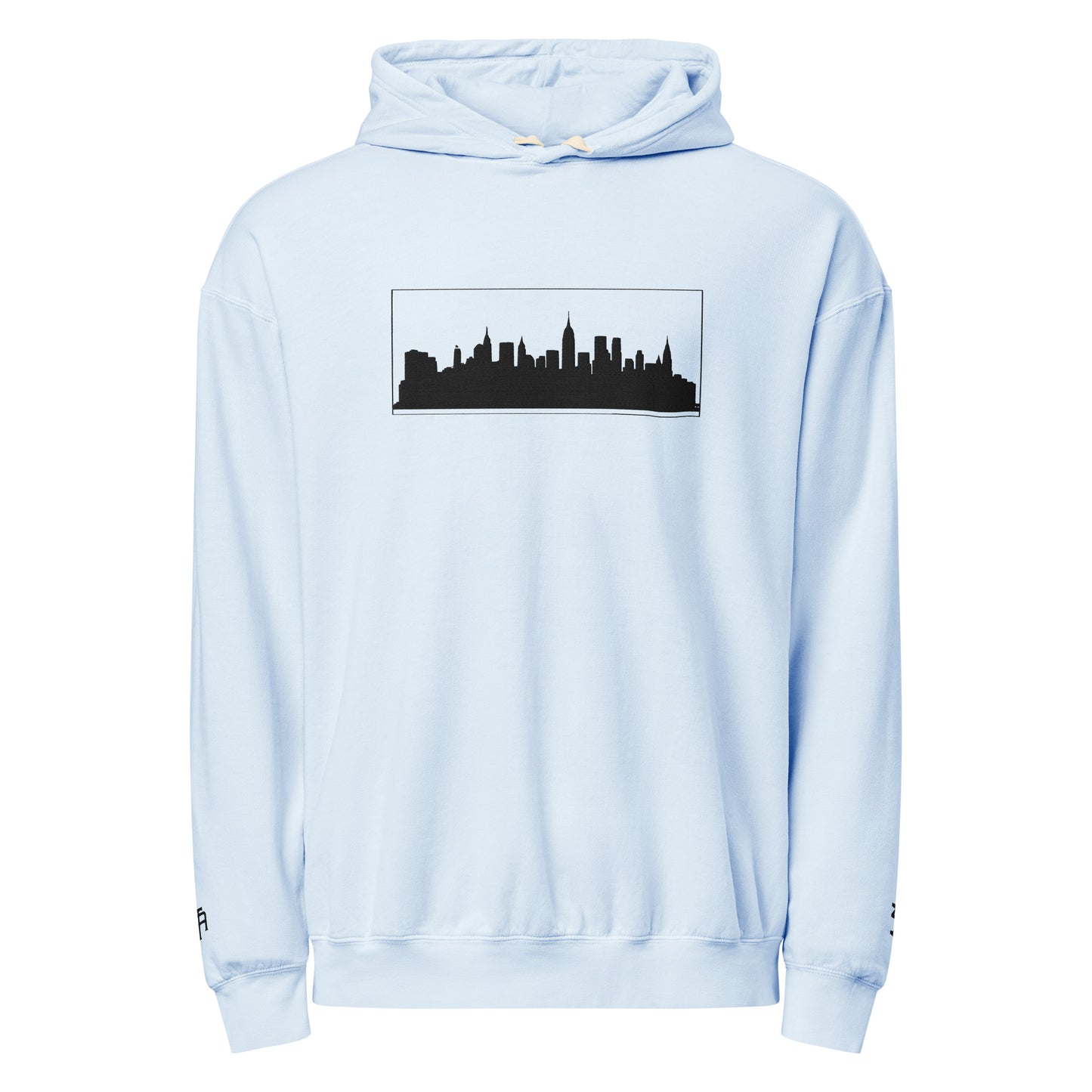Hydrangea color New York Edition lightweight garment-dyed hoodie with NYC skyline embroidery and custom wrist detail | Our City | An Athlete Trains