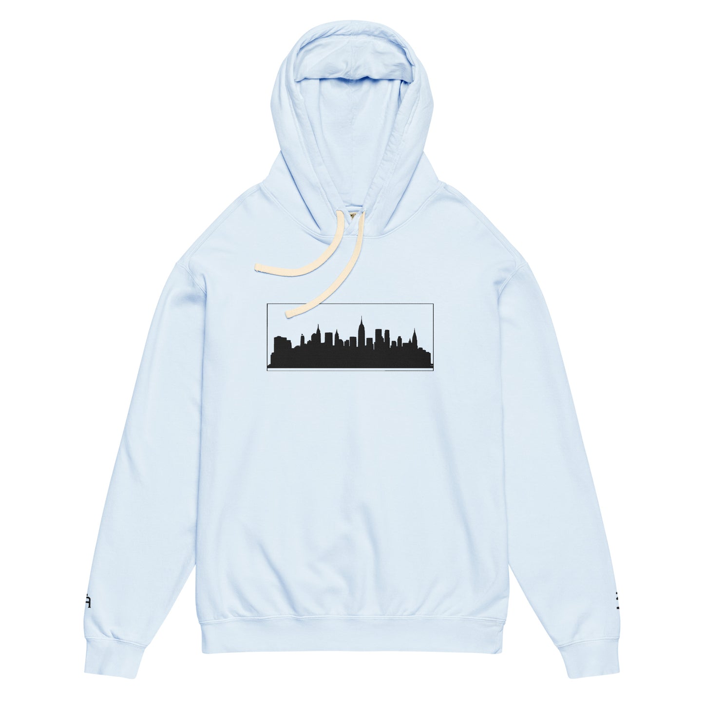 Hydrangea color New York Edition lightweight garment-dyed hoodie with NYC skyline embroidery and custom wrist detail | Our City | An Athlete Trains