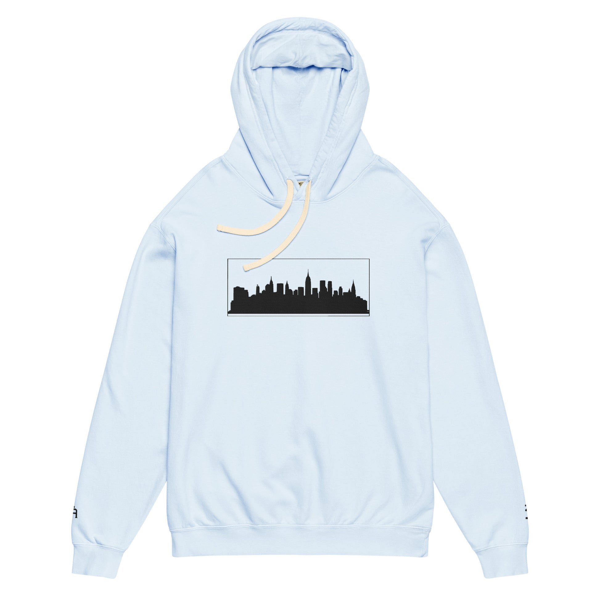 Hydrangea color New York Edition lightweight garment-dyed hoodie with NYC skyline embroidery and custom wrist detail | Our City | An Athlete Trains
