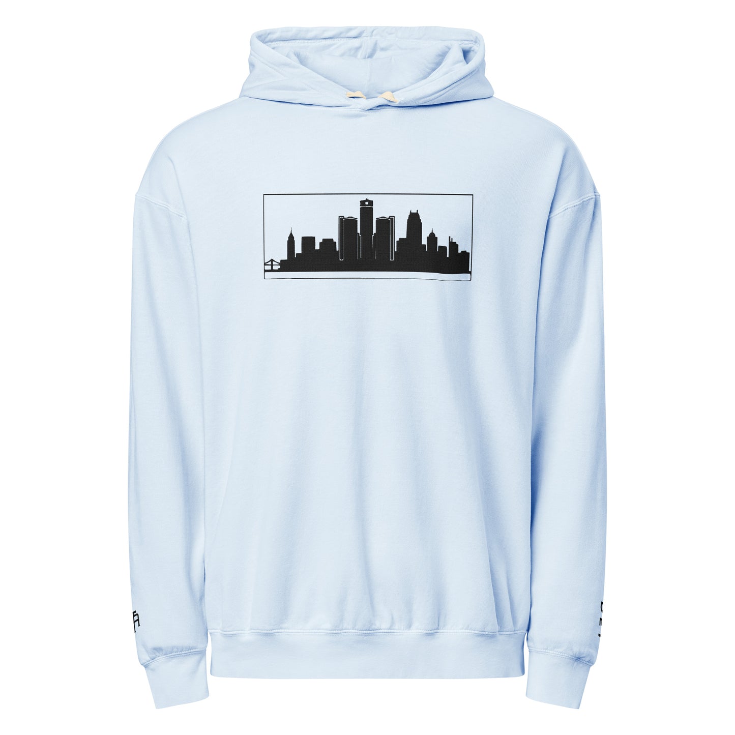 Hydrangea color Detroit Edition garment-dyed lightweight hoodie with embroidered Detroit skyline and DET wrist detail | Out City | An Athlete Trains