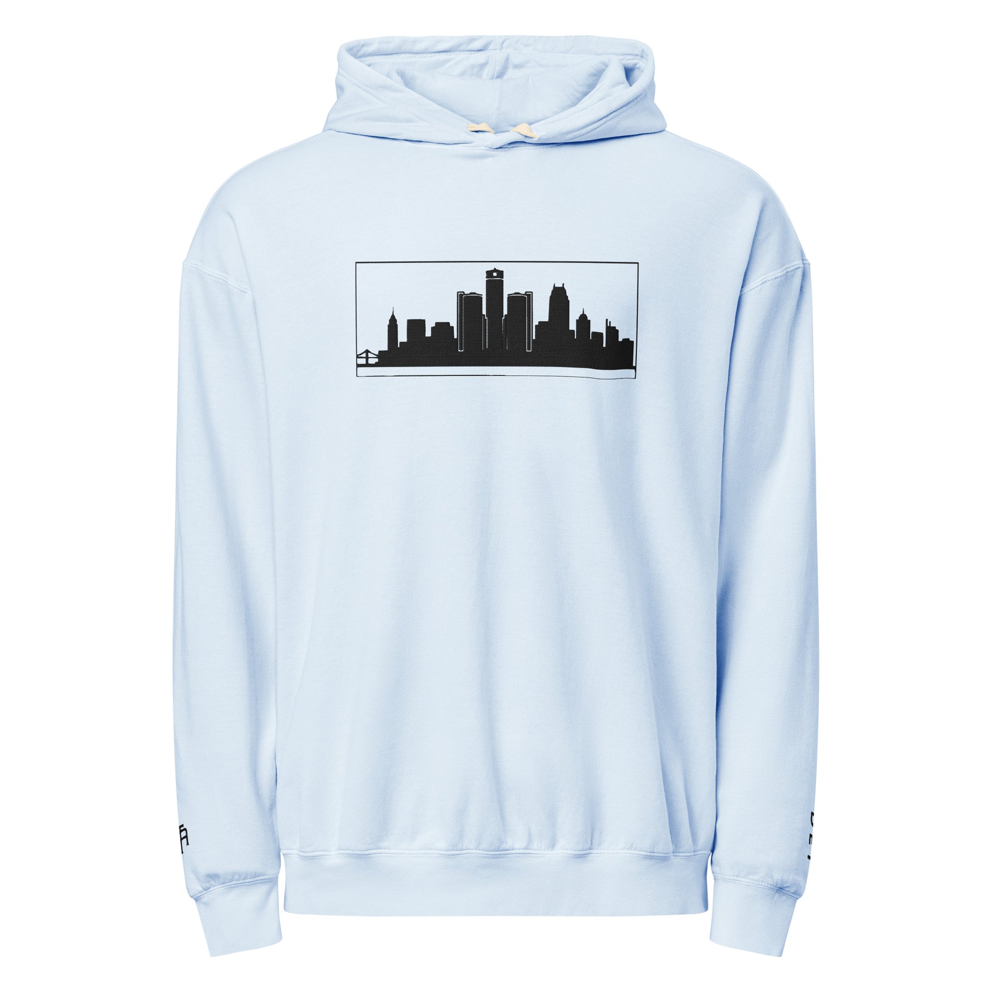 Hydrangea color Detroit Edition garment-dyed lightweight hoodie with embroidered Detroit skyline and DET wrist detail | Out City | An Athlete Trains