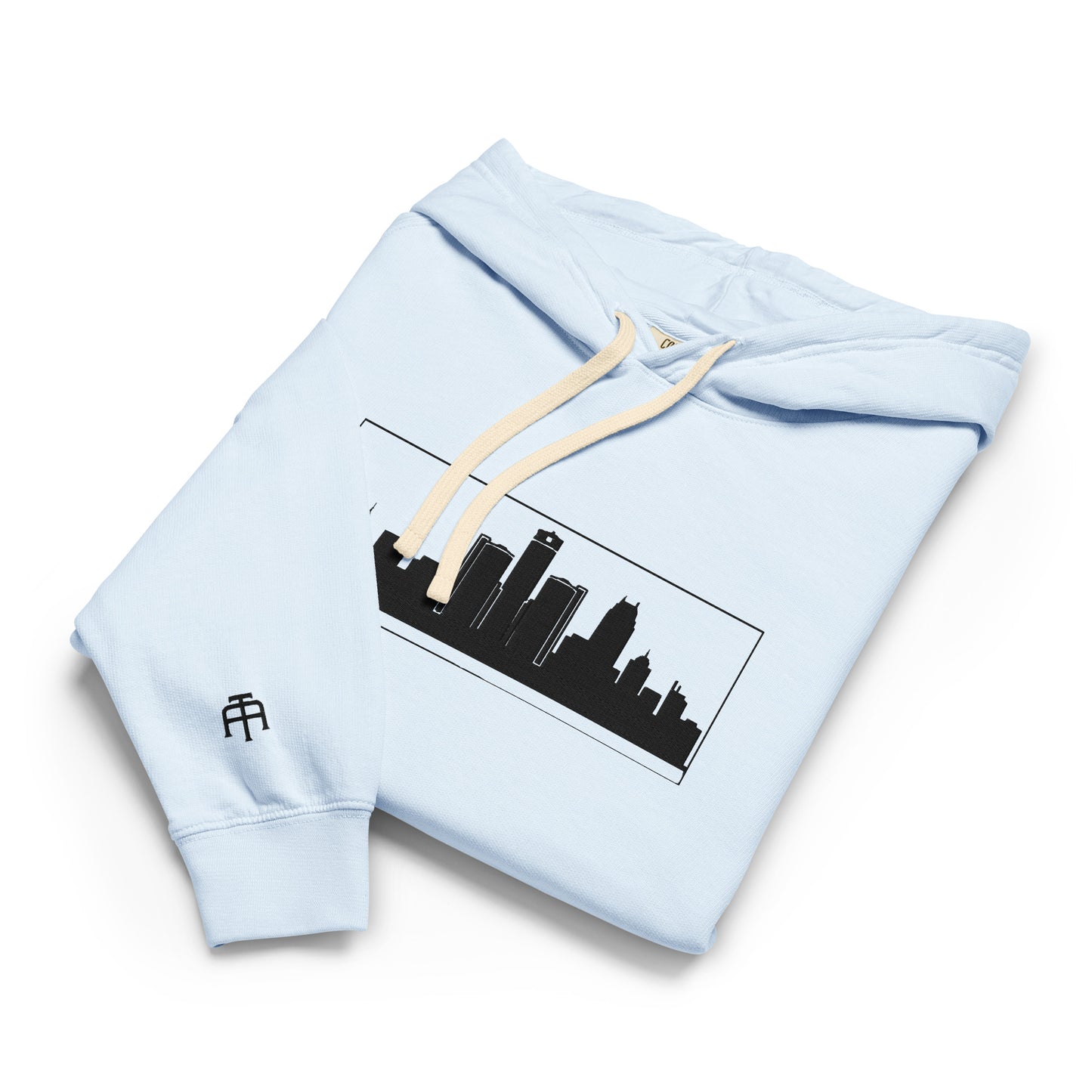 Hydrangea color Detroit Edition garment-dyed lightweight hoodie with embroidered Detroit skyline and DET wrist detail | Out City | An Athlete Trains