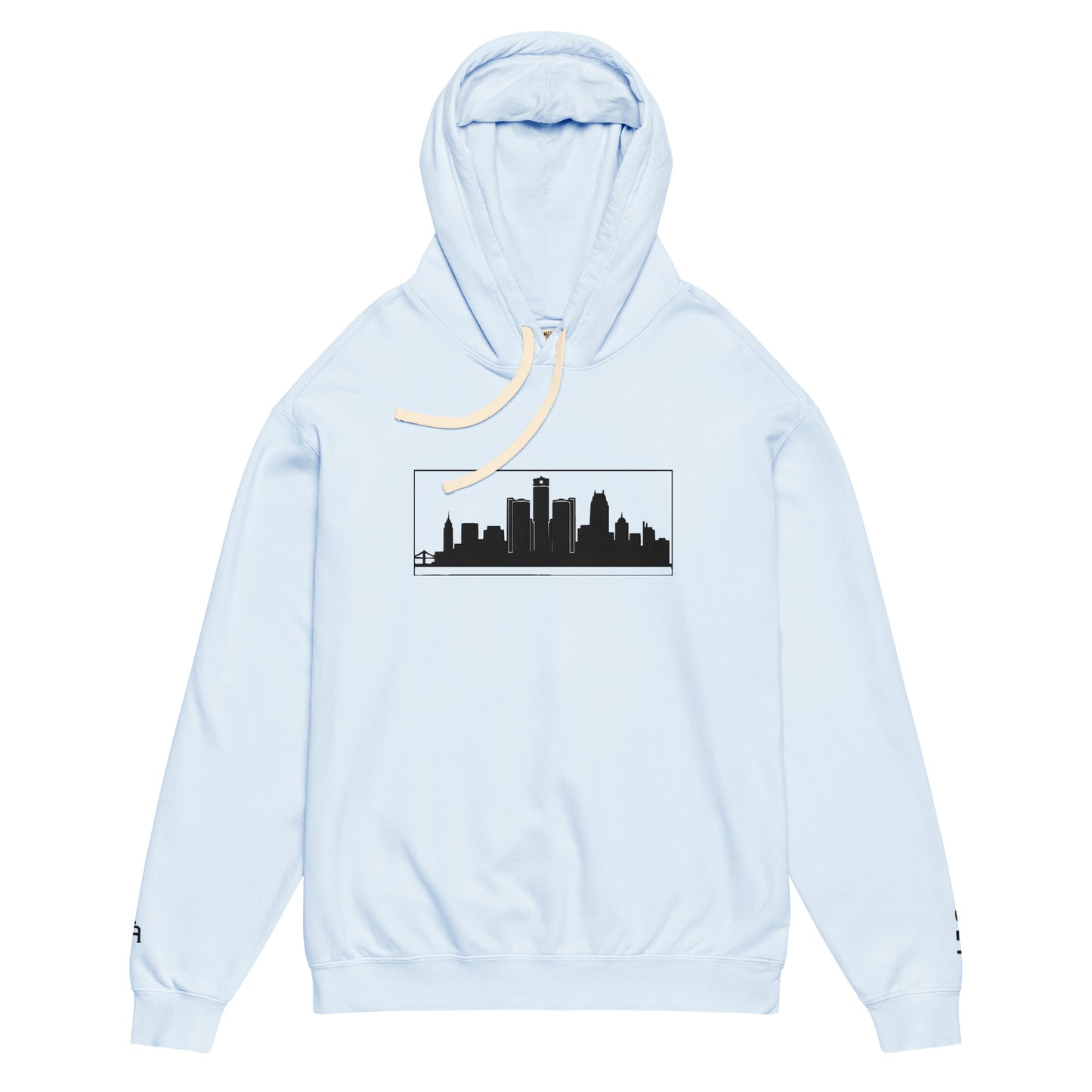 Hydrangea color Detroit Edition garment-dyed lightweight hoodie with embroidered Detroit skyline and DET wrist detail | Out City | An Athlete Trains