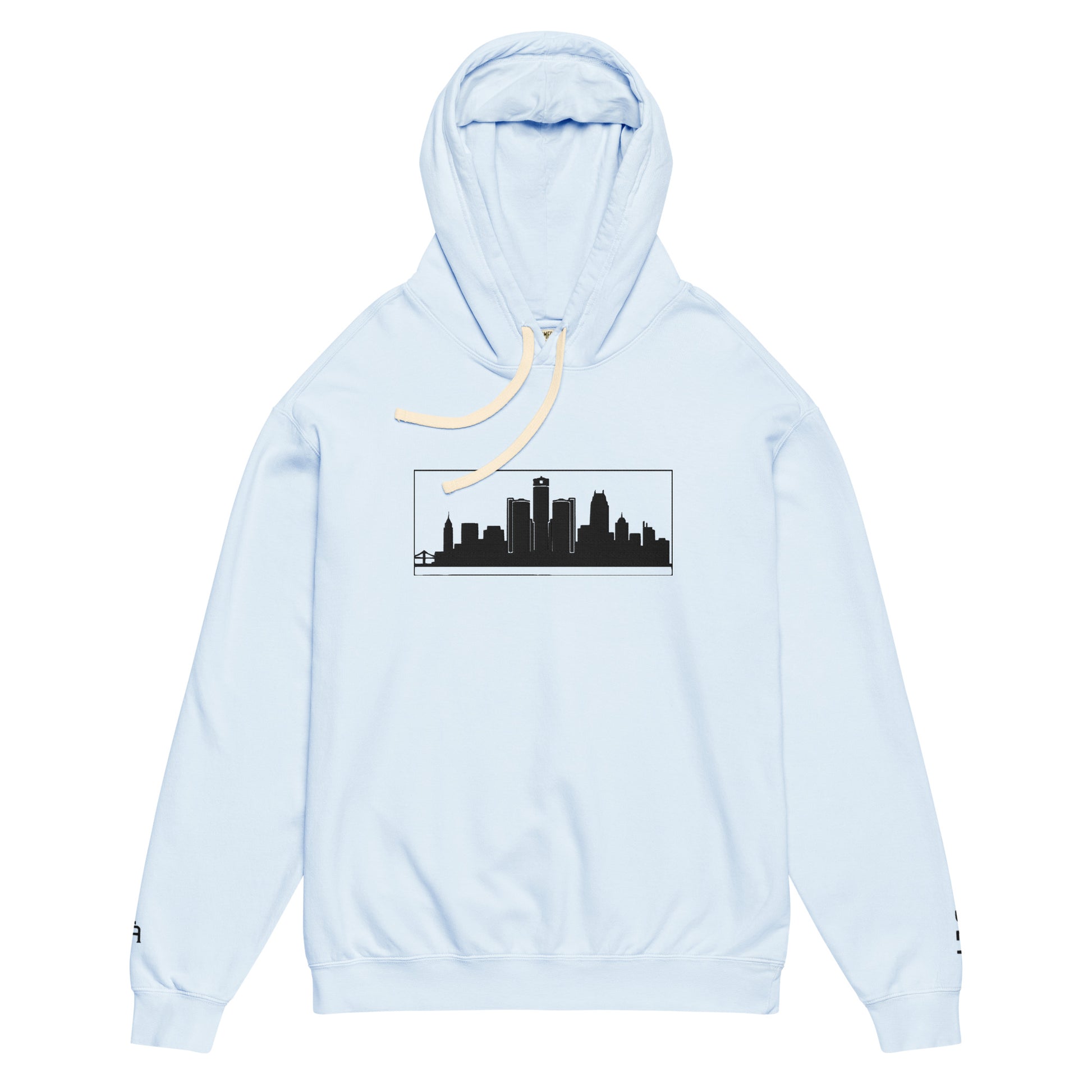 Hydrangea color Detroit Edition garment-dyed lightweight hoodie with embroidered Detroit skyline and DET wrist detail | Out City | An Athlete Trains