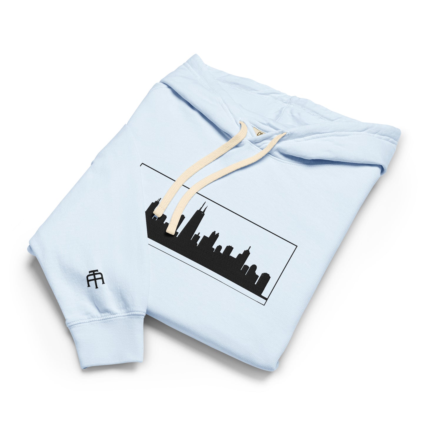 Hydrangea color Chicago Edition lightweight garment-dyed hoodie featuring embroidered Chicago skyline and CHI wrist branding | Our City | An Athlete Trains