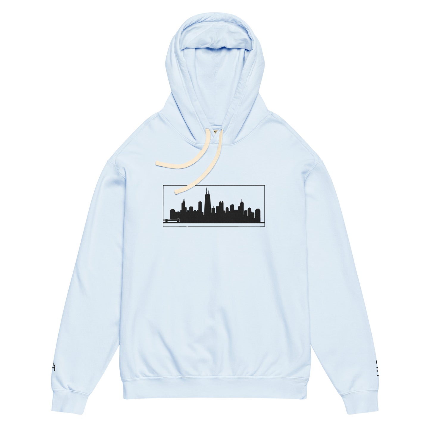 Hydrangea color Chicago Edition lightweight garment-dyed hoodie featuring embroidered Chicago skyline and CHI wrist branding | Our City | An Athlete Trains