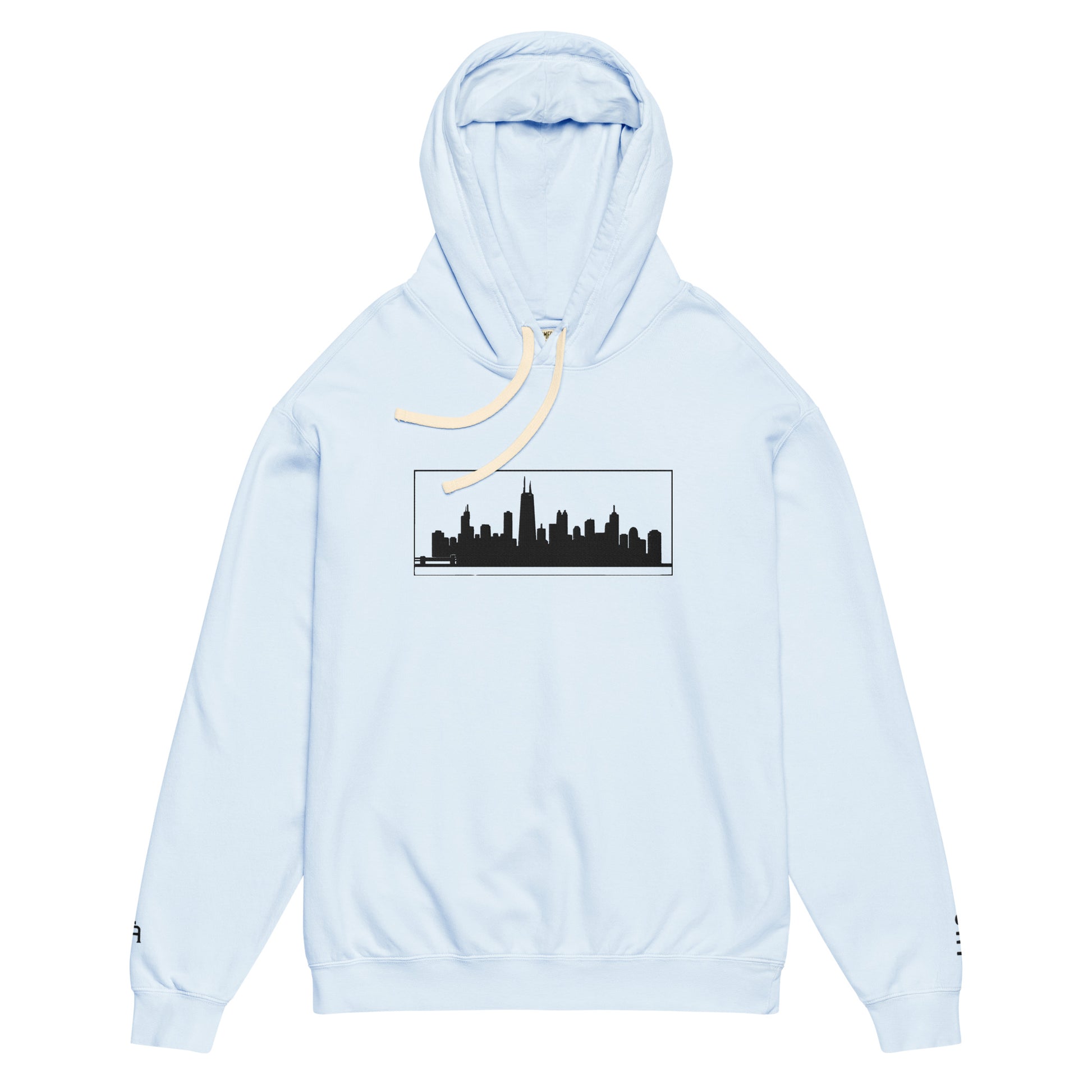 Hydrangea color Chicago Edition lightweight garment-dyed hoodie featuring embroidered Chicago skyline and CHI wrist branding | Our City | An Athlete Trains