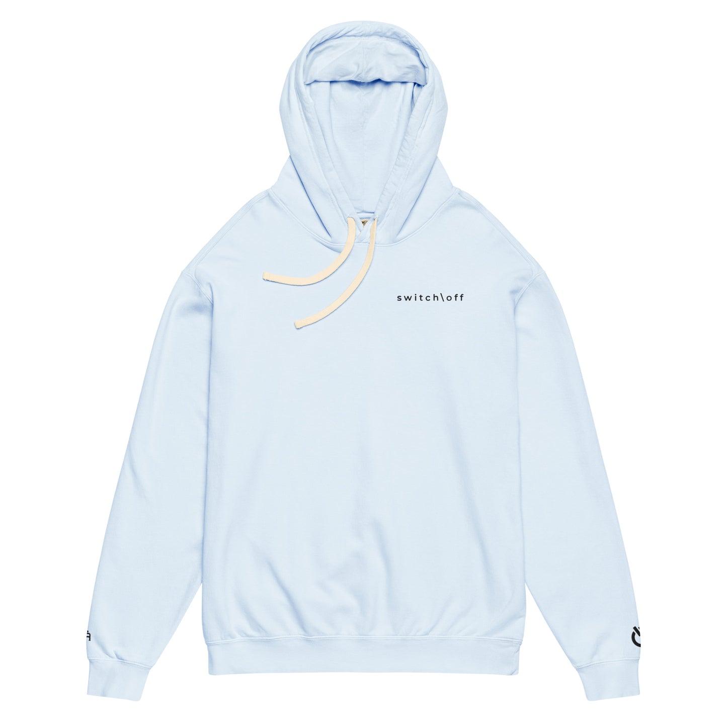 Vintage-style lightweight fleece hoodie in hydrangea with black switch\off embroidery - An Athlete Trains. Flat drawstrings. Front view