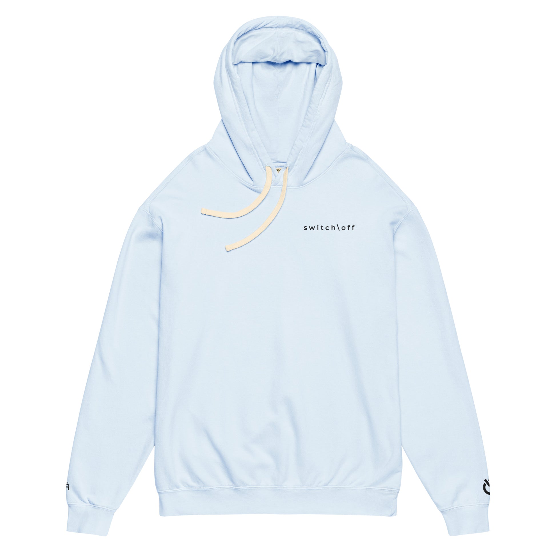 Vintage-style lightweight fleece hoodie in hydrangea with black switch\off embroidery - An Athlete Trains. Flat drawstrings. Front view