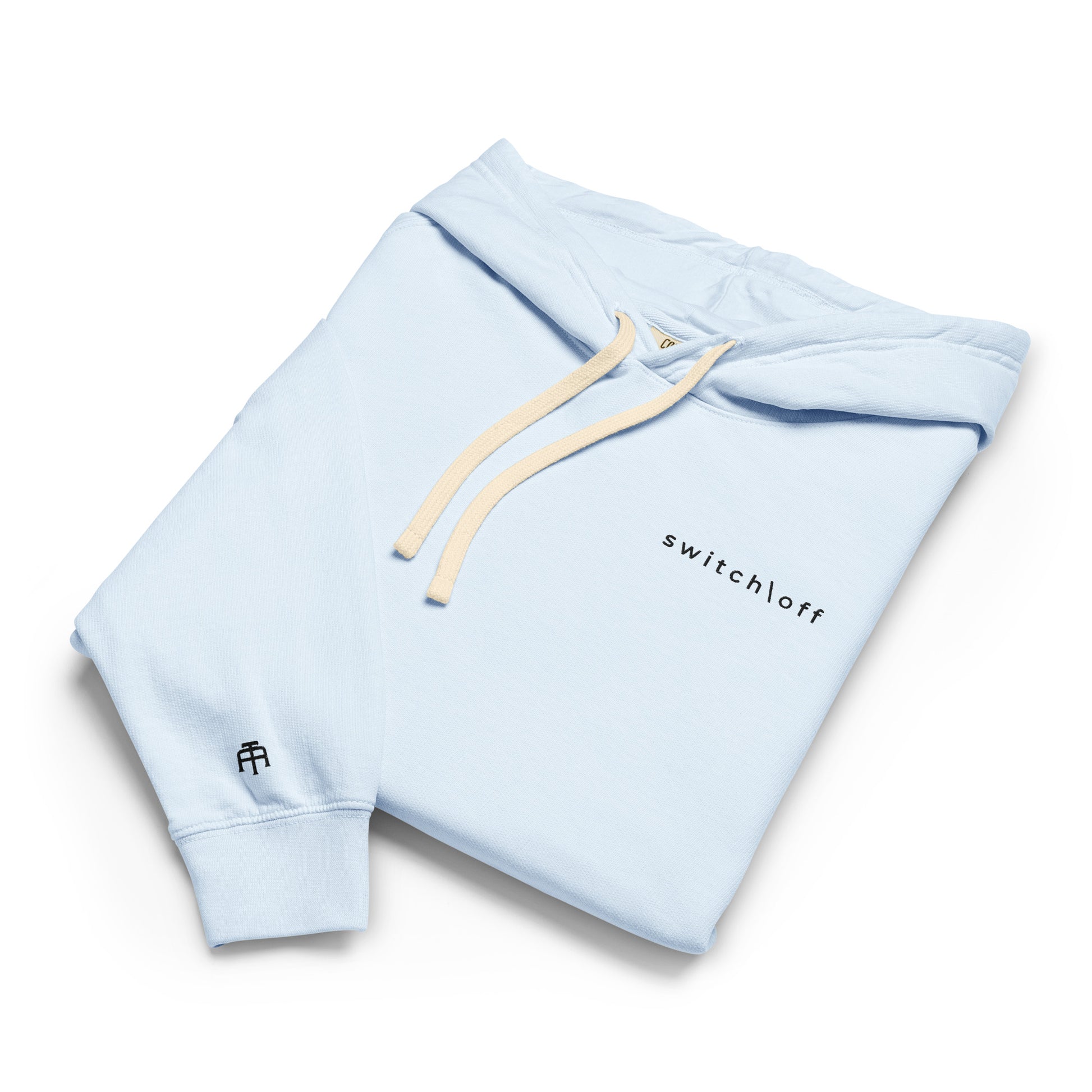 Vintage-style lightweight fleece hoodie in hydrangea with black switch\off embroidery - An Athlete Trains. Flat drawstrings. Front view