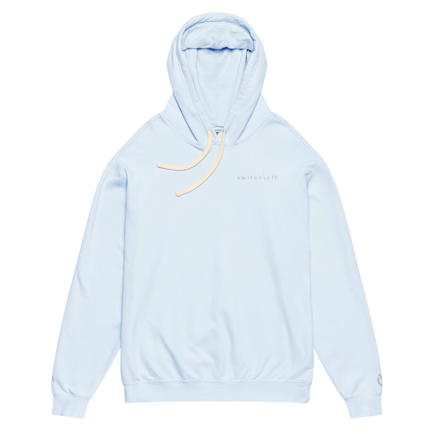 Vintage-style lightweight fleece hoodie in hydrangea with white switch\off embroidery - An Athlete Trains. Flat drawstrings. Front view