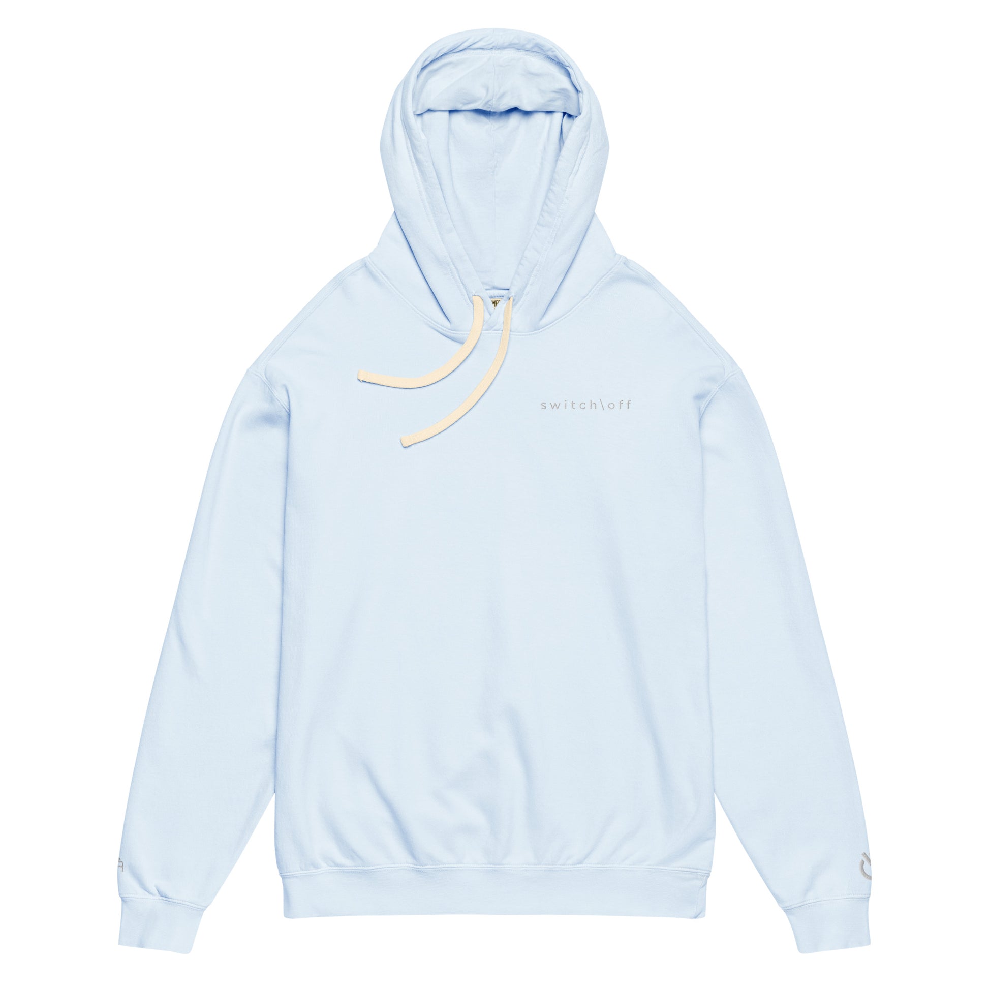 Vintage-style lightweight fleece hoodie in hydrangea with white switch\off embroidery - An Athlete Trains. Flat drawstrings. Front view