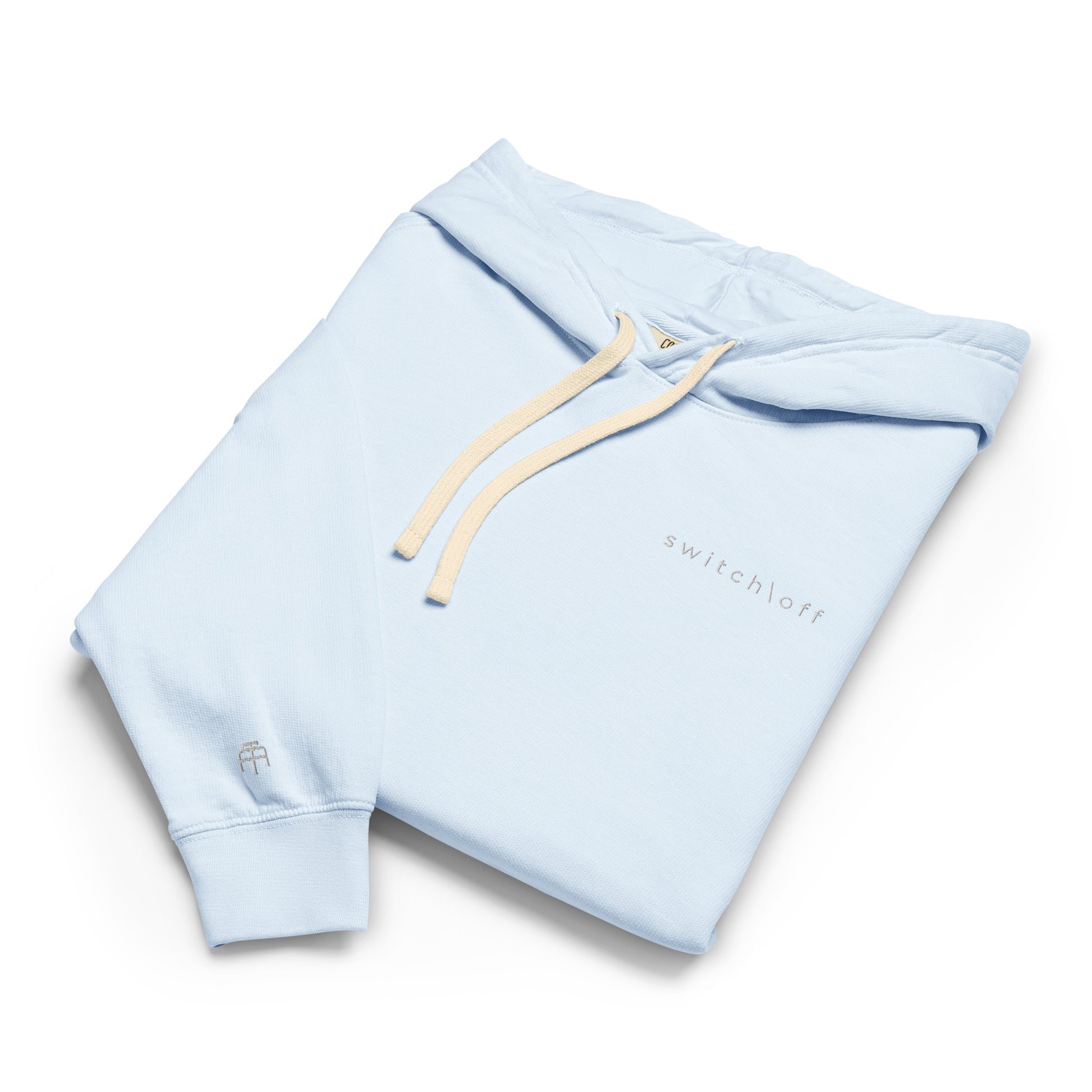 Vintage-style lightweight fleece hoodie in hydrangea with white switch\off embroidery - An Athlete Trains. Flat drawstrings. Front view