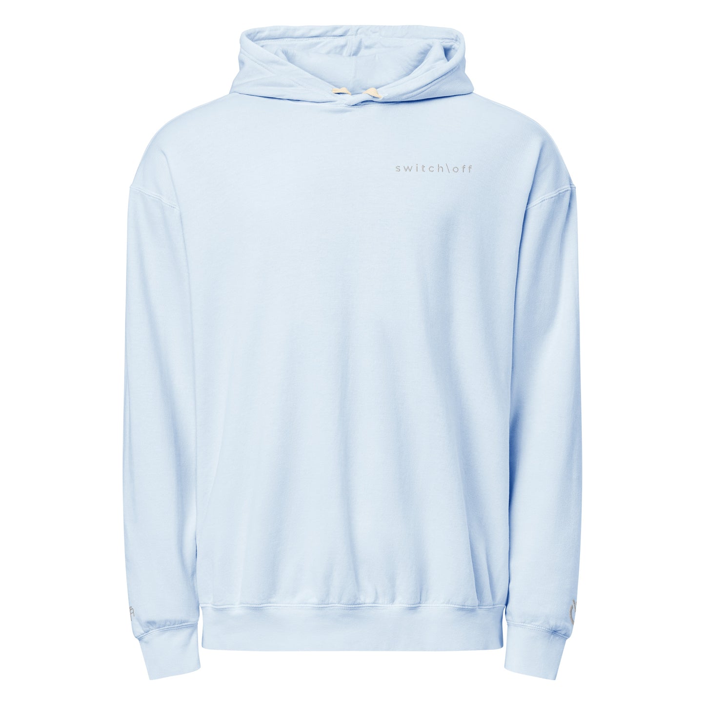 Vintage-style lightweight fleece hoodie in hydrangea with white switch\off embroidery - An Athlete Trains. Flat drawstrings. Front view