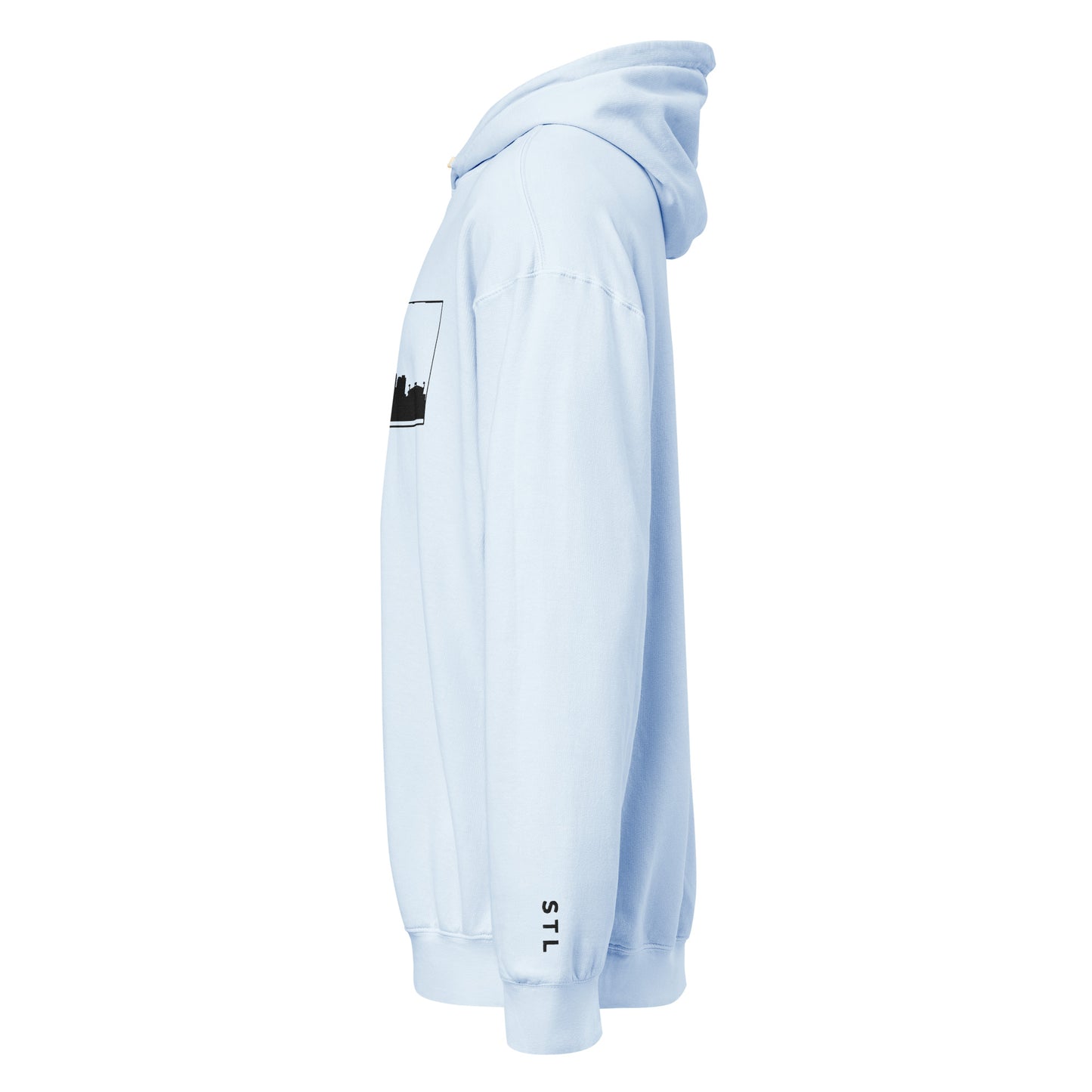 Hydrangea color St. Louis Edition lightweight garment-dyed hoodie featuring St. Louis skyline, Gateway Arch, and STL wrist branding | Our City | An Athlete Trains