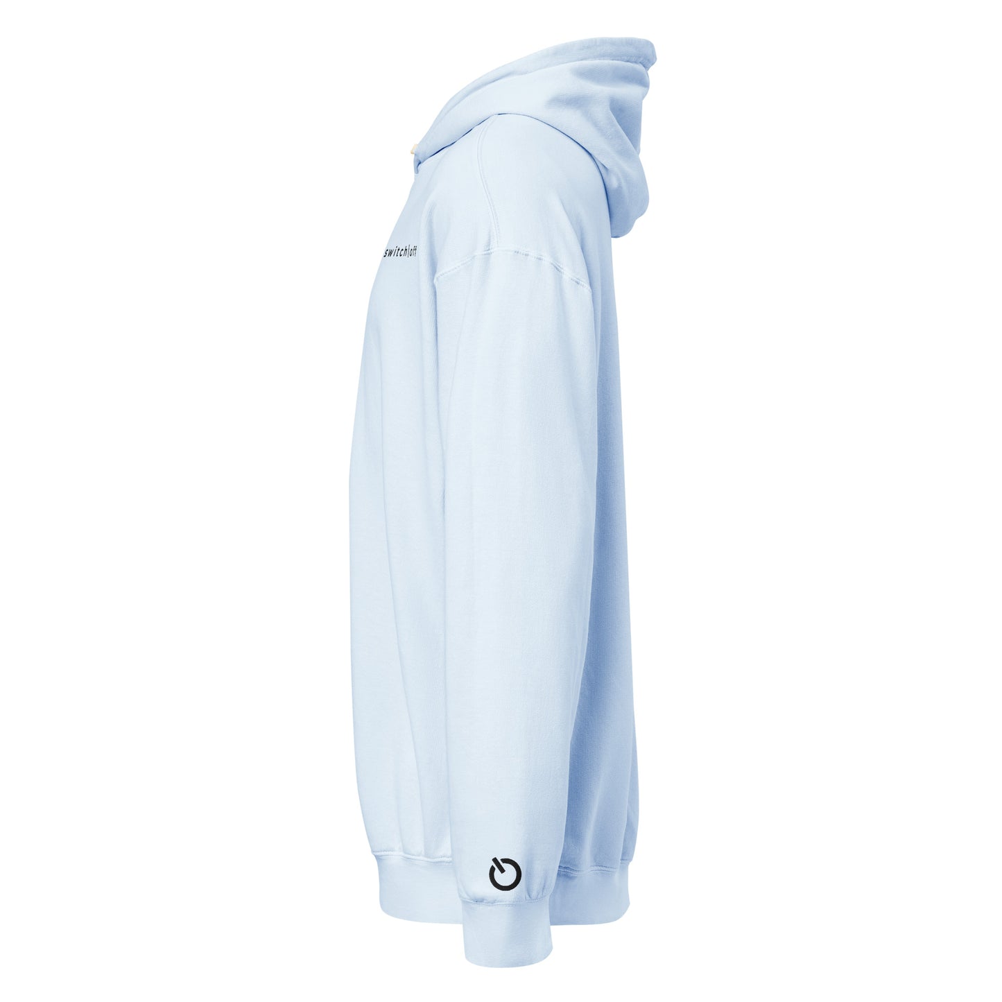 Vintage-style lightweight fleece hoodie in hydrangea with black switch\off and logo embroidery - An Athlete Trains. Left side view